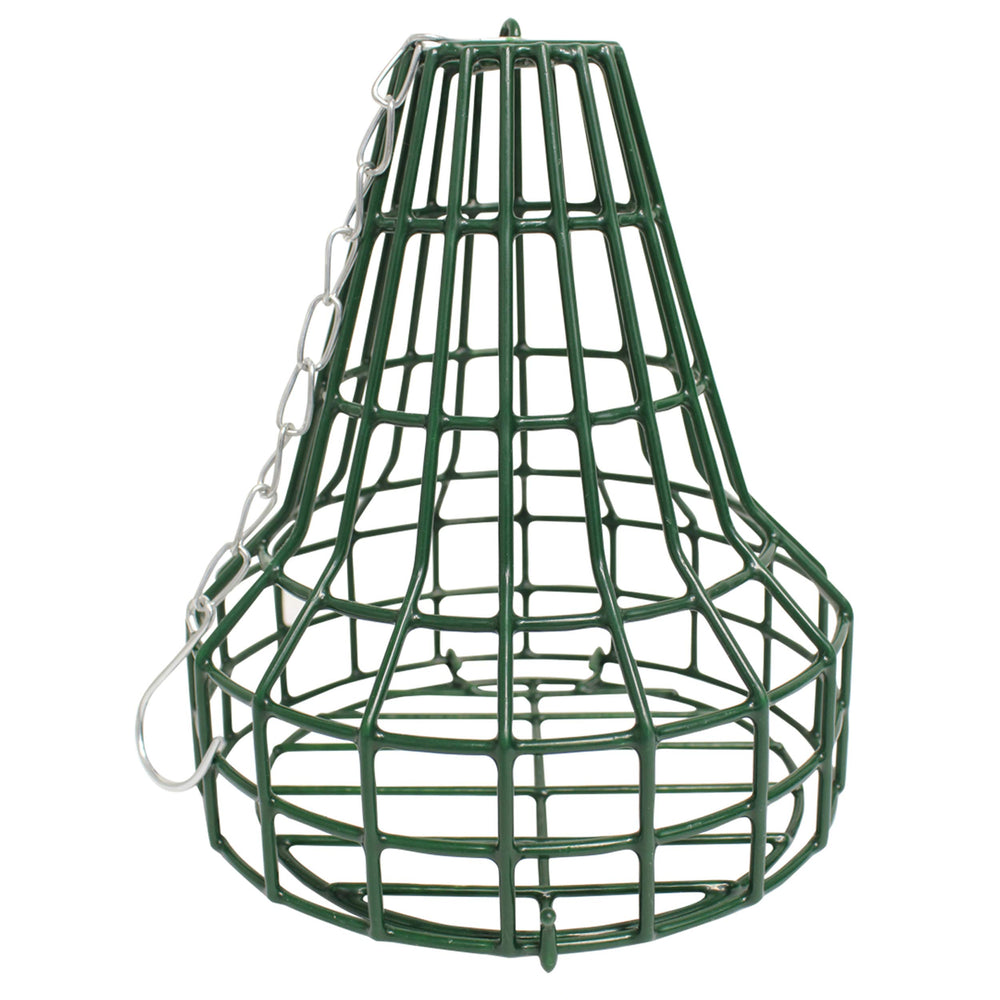 Heath Outdoor Products, comedero verde con campana, vista lateral para aves y perchas amplias.