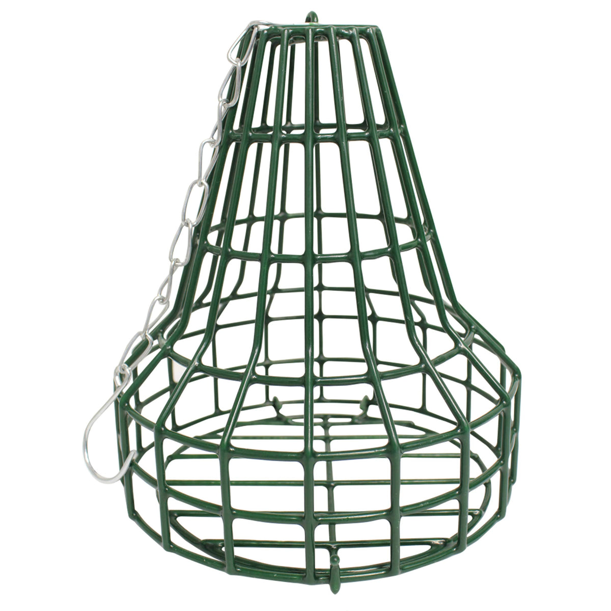 Heath Outdoor Products, comedero verde con campana, vista lateral para aves y perchas amplias.