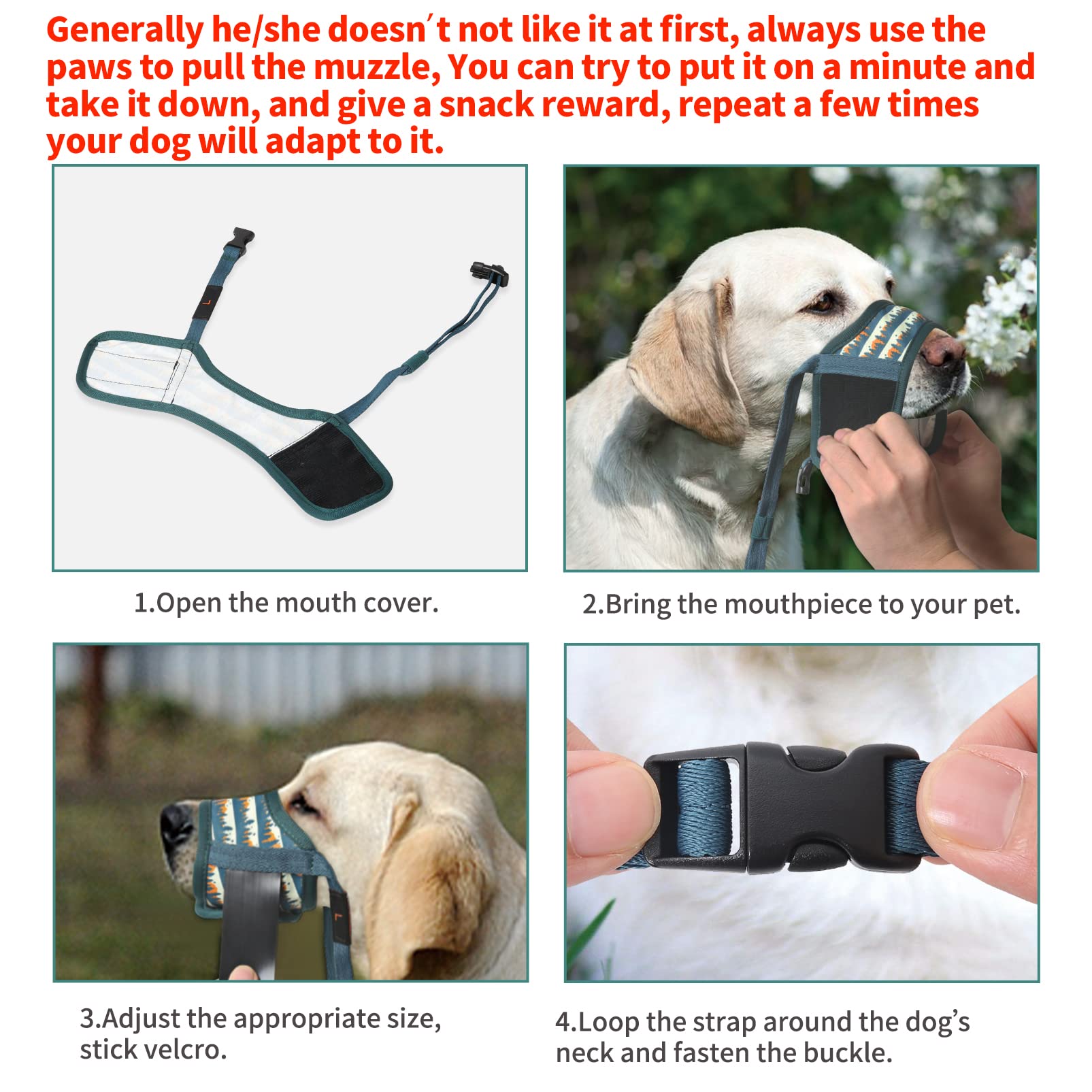 HEELE museau-chien ajustable avec boucle auto-agrippante pour un ajustement sûr.