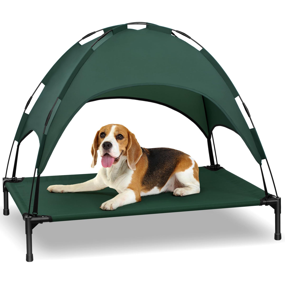 Cama para perro Heeyoo elevada con techo, descanso fresco al aire libre.