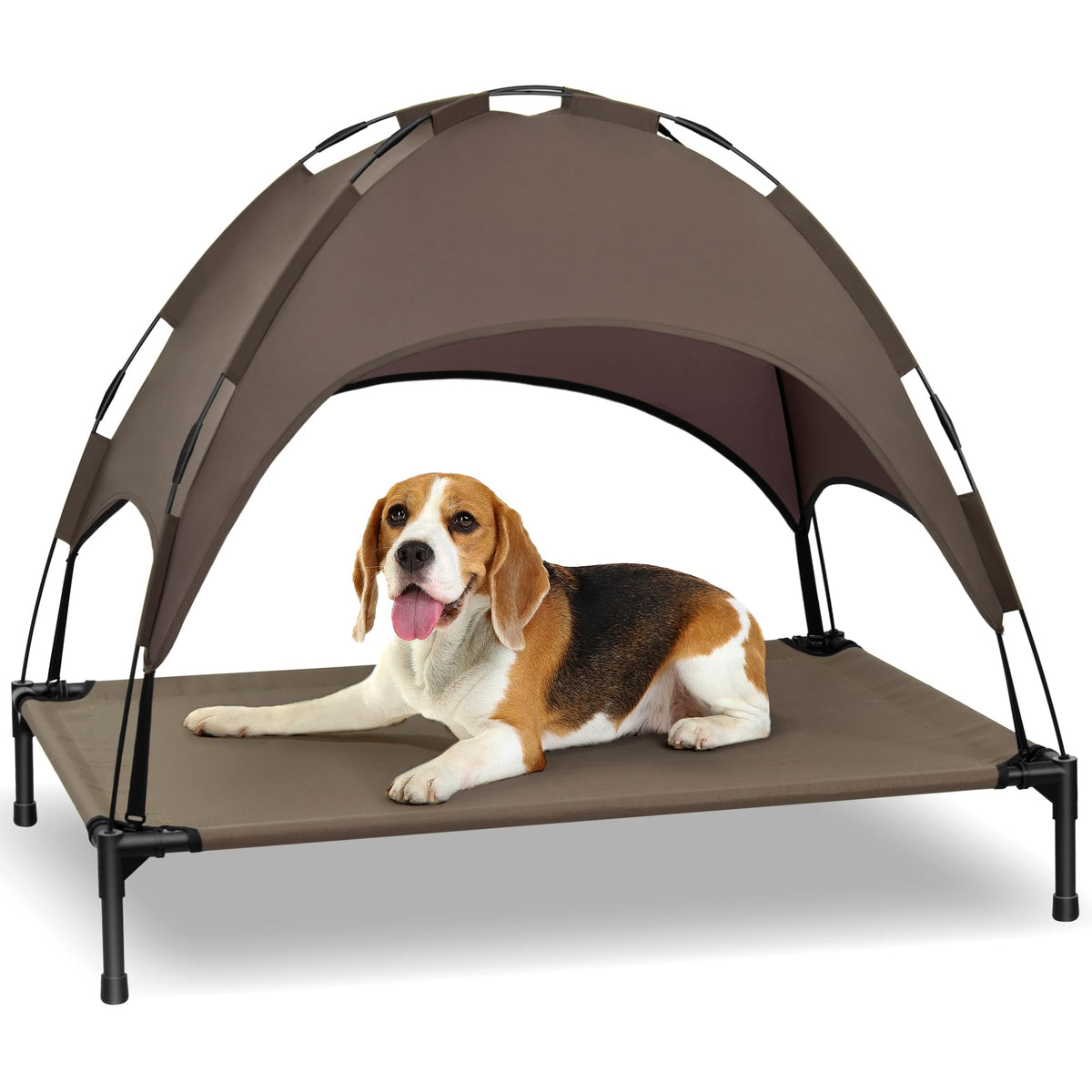 Heeyoo cama para perro elevada con toldo para sombra y descanso cómodo en exterior.