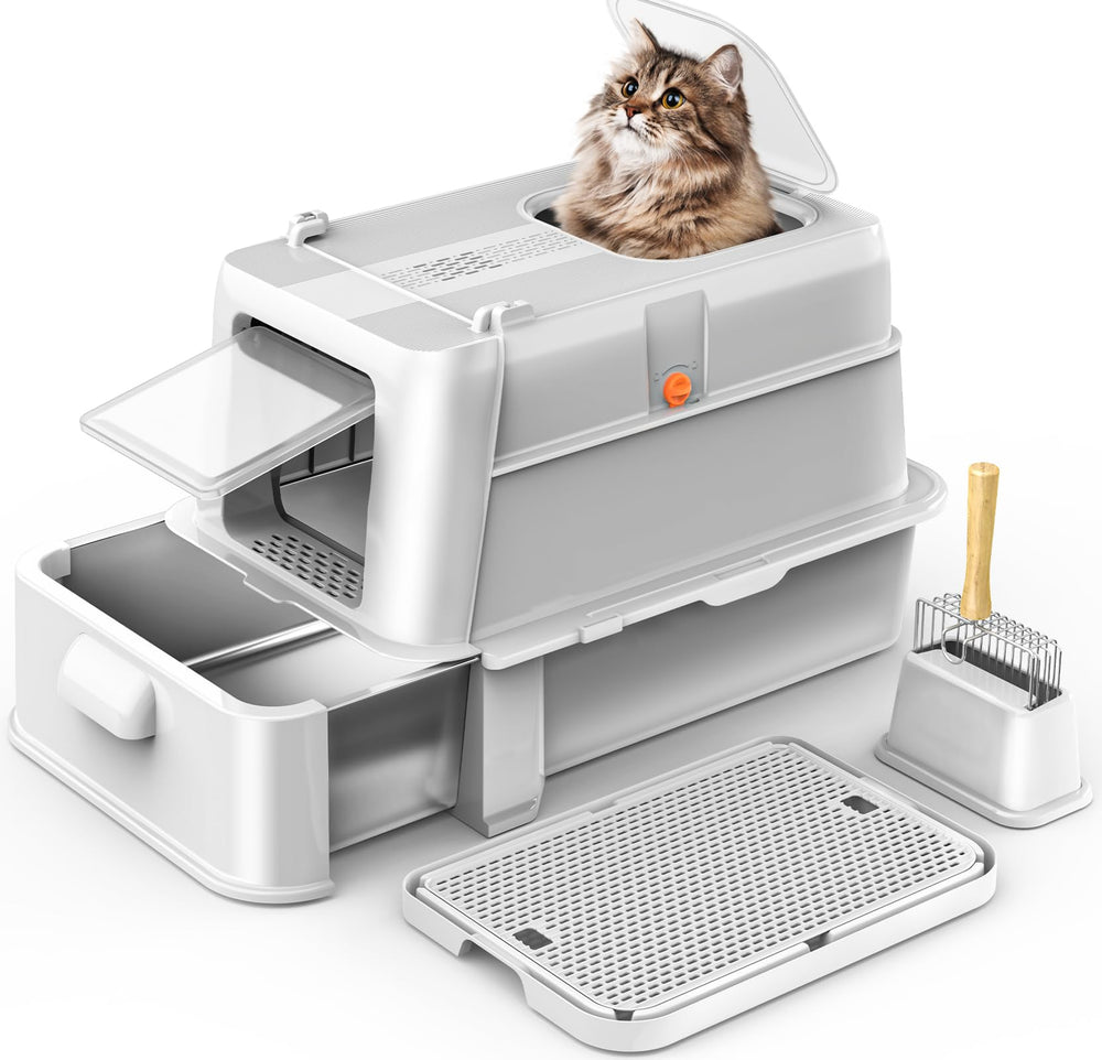 heggcooe: caja de arena de acero inoxidable con tapa deslizable para limpieza rápida.