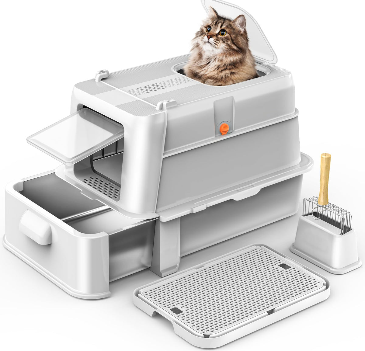 heggcooe: caja de arena de acero inoxidable con tapa deslizable para limpieza rápida.