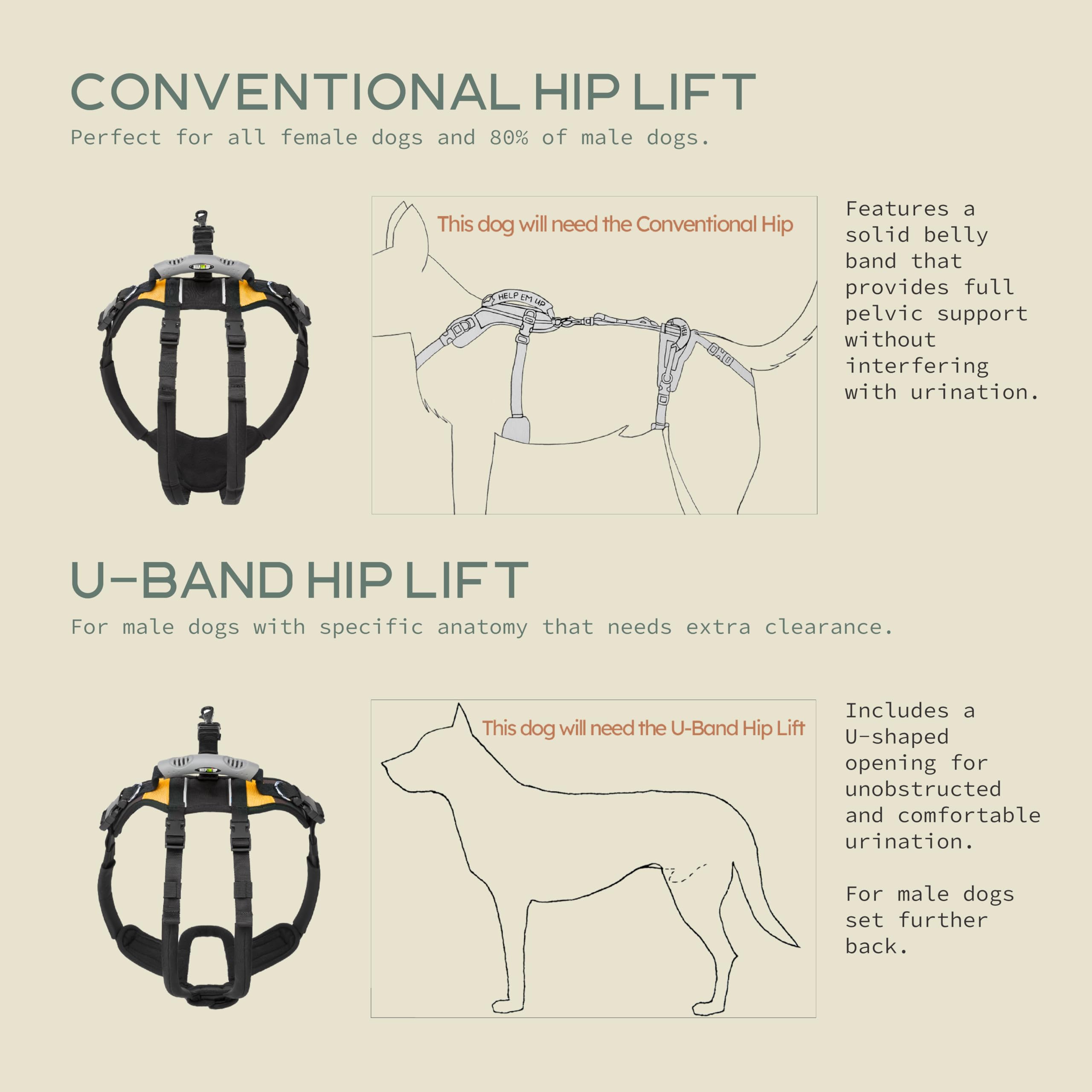 Arnés Help 'Em Up con banda en U para perros, ajuste específico.
