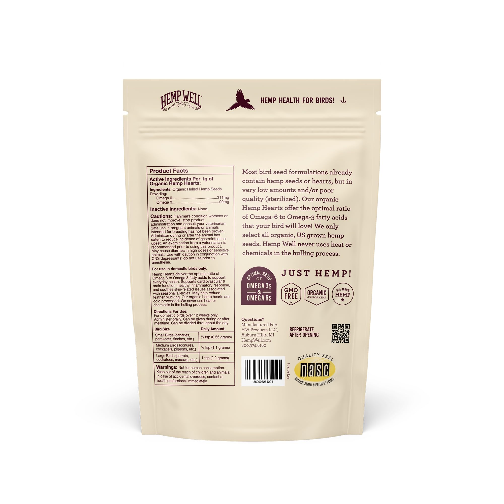 Hemp Well Canamo Orgánico Aves: alimento natural para plumas brillantes.