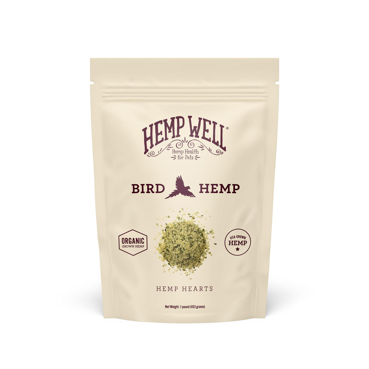 Hemp Well Canamo 1 Libra Bolsa: almacenamiento práctico para aves.
