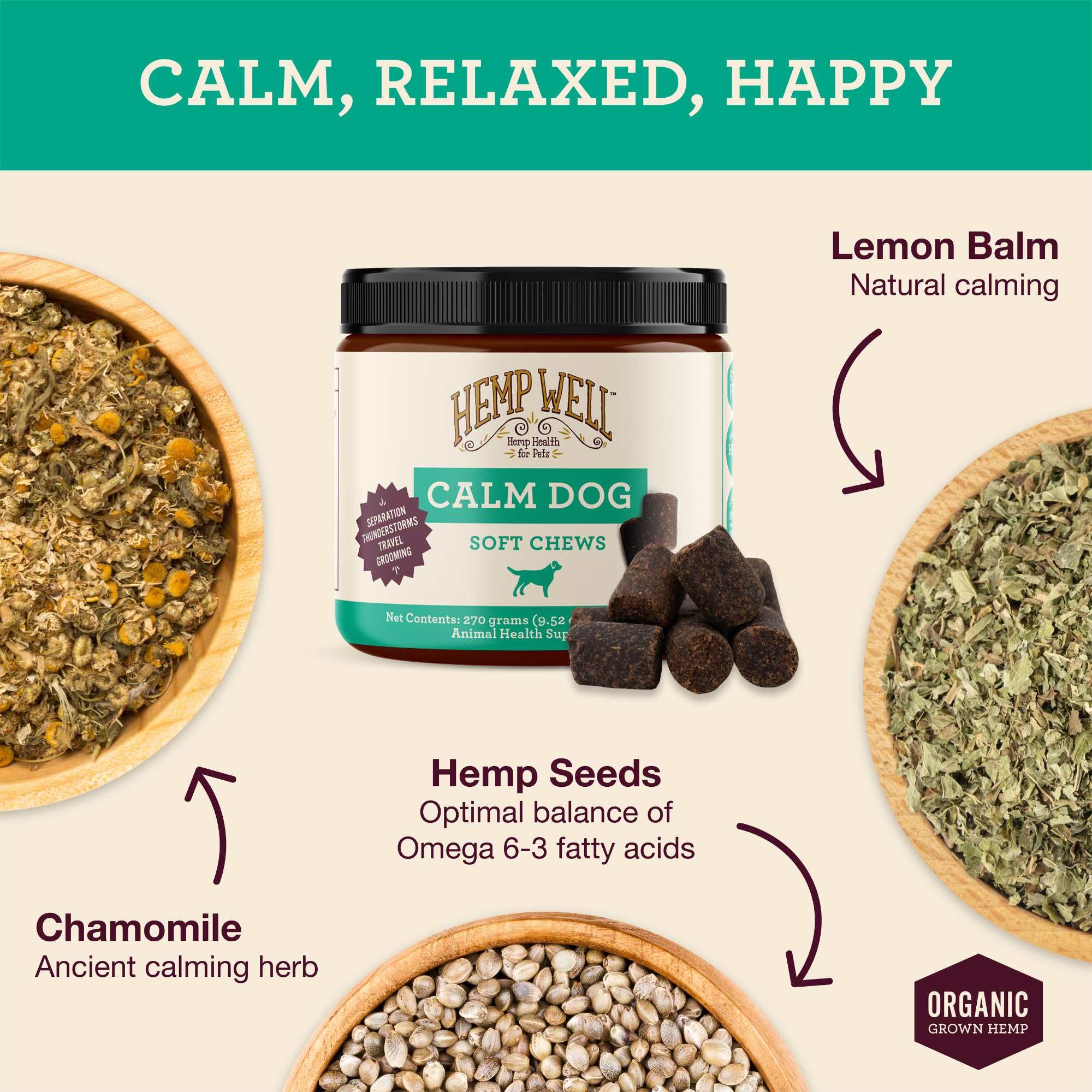 Hemp Well Calm Dog con melatonina, masticables para perro, favorece relax nocturno