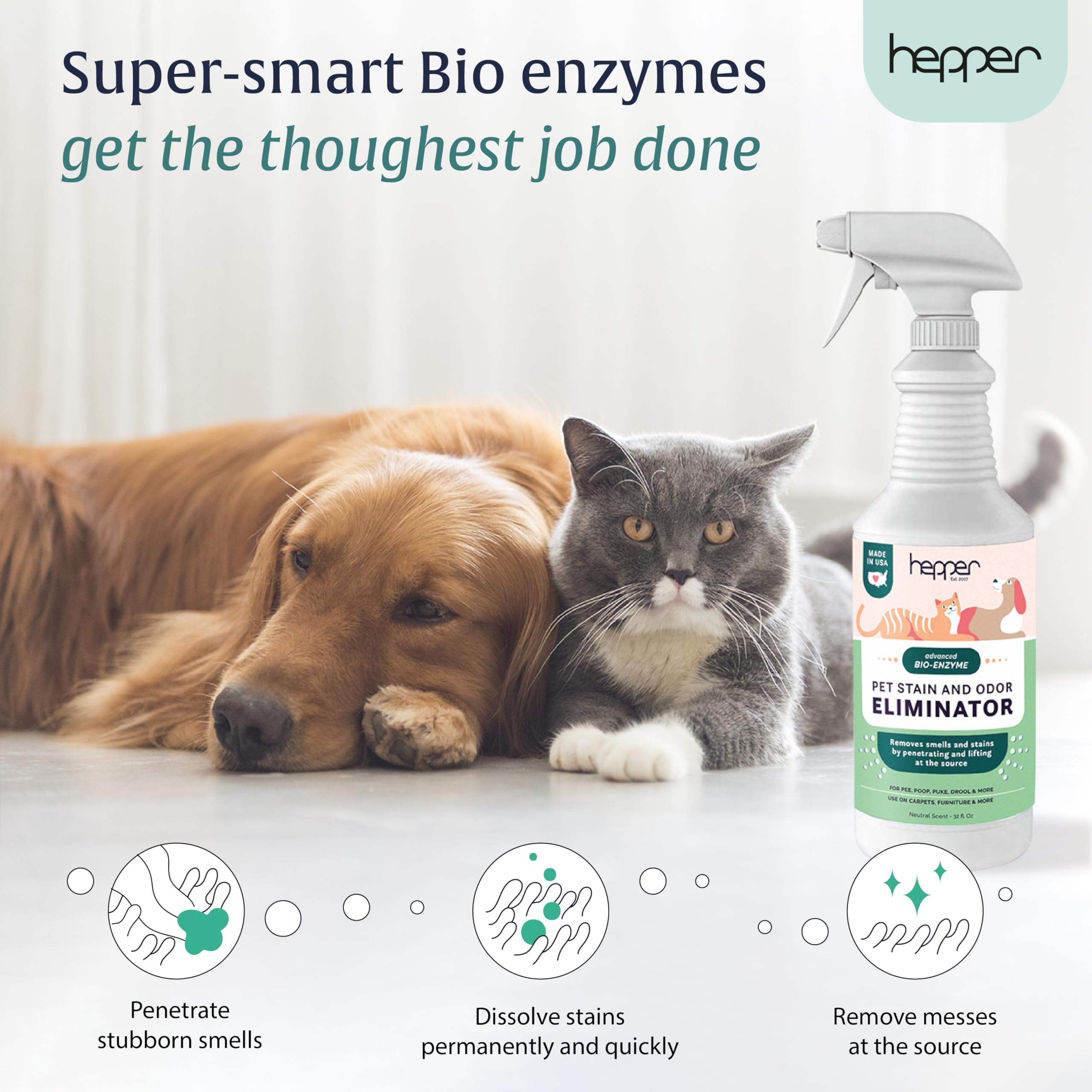 Hepper Advanced Bio-Enzyme, aplicación manual, limpia manchas en alfombras sin frotar.
