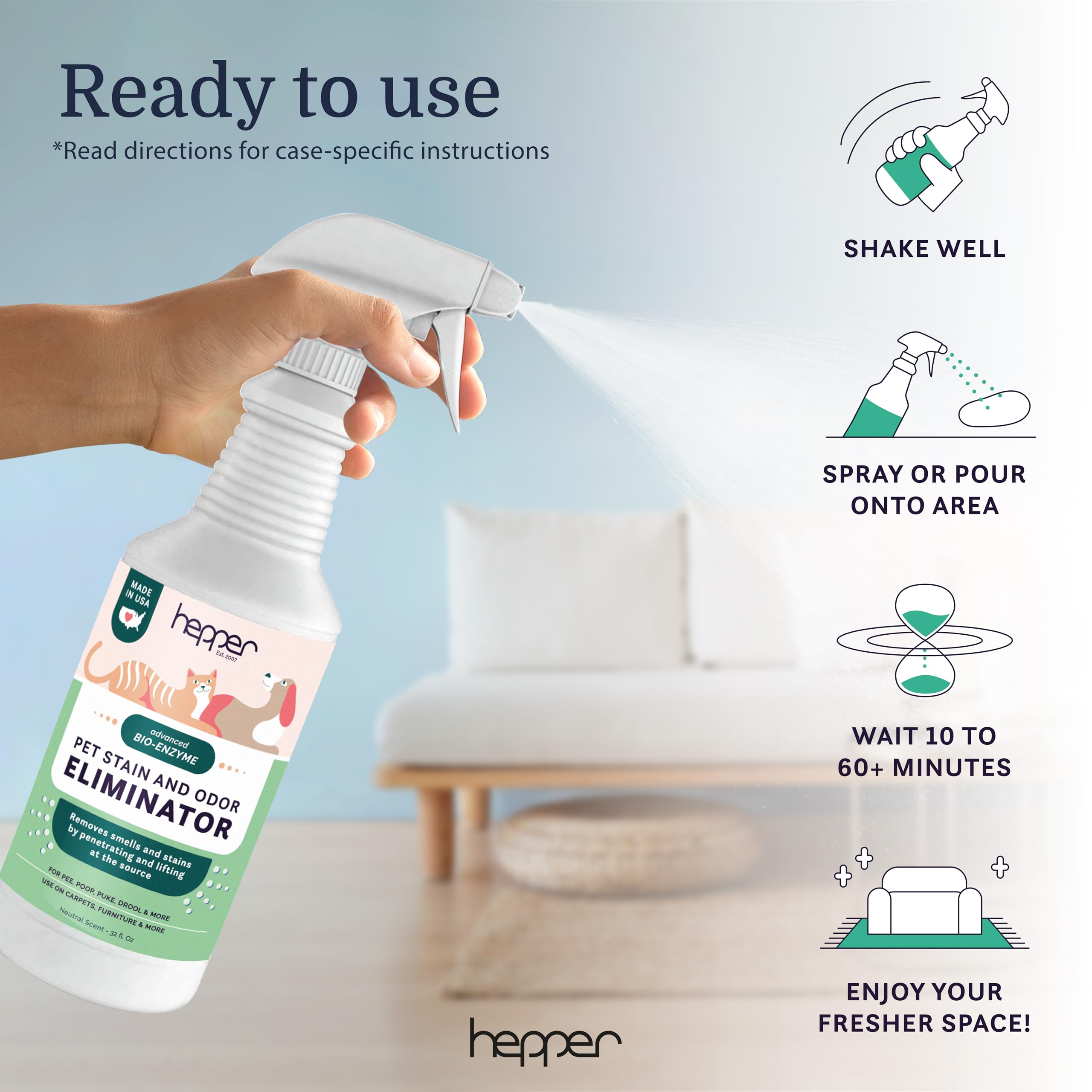 Hepper Advanced Bio-Enzyme, spray en alfombras y suelos, deja un ambiente más fresco.