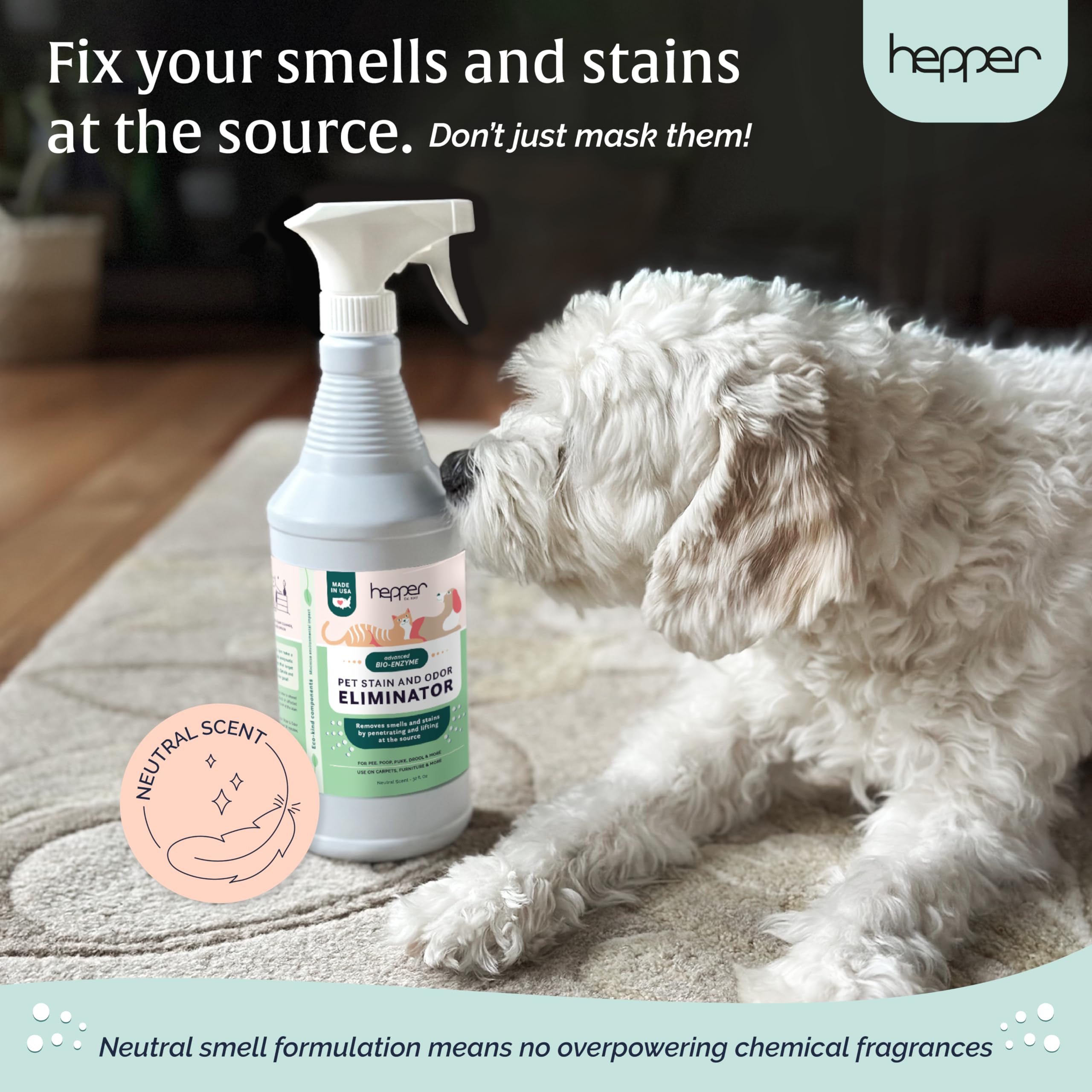 Hepper Advanced Bio-Enzyme, acción rápida sin frotar, ahorra tiempo de limpieza.