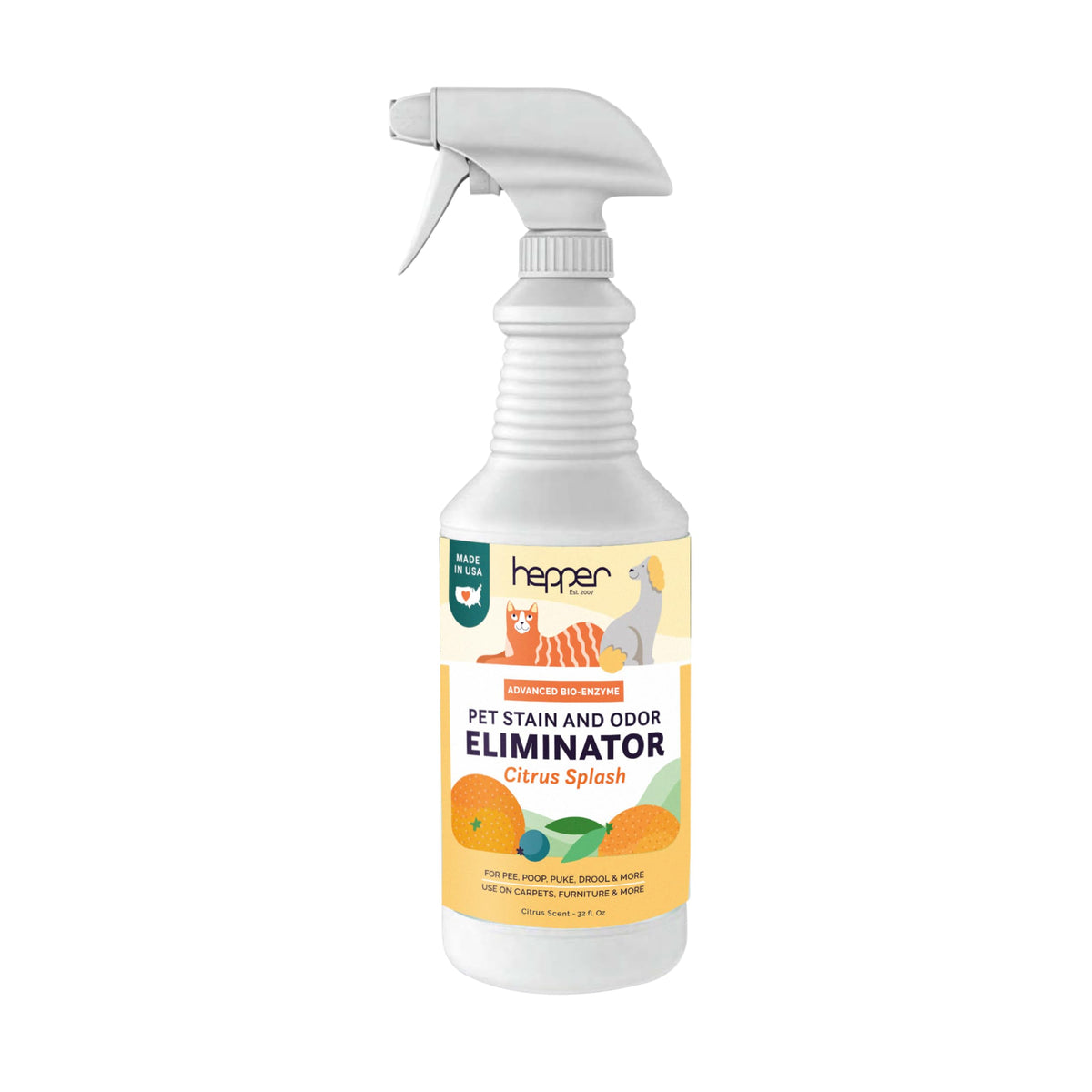 Hepper Advanced Bioenzima Spray rociando mancha en alfombra para eliminar olores