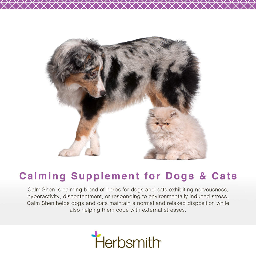 Herbsmith Calm Shen, ingredientes herbales de calidad para equilibrio emocional de mascotas.