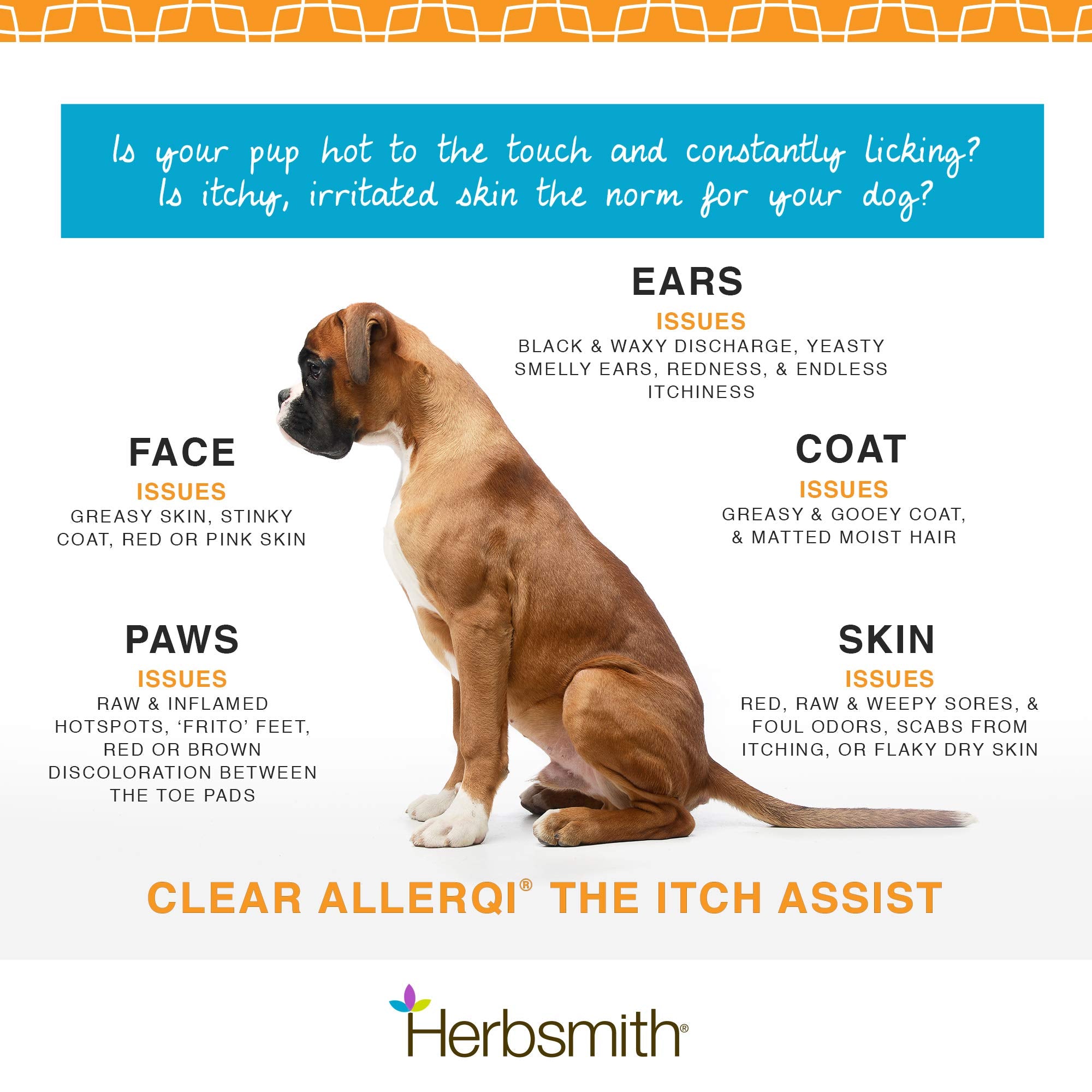 Herbsmith Clear AllerQi bote 150 g para uso diario de mascotas.