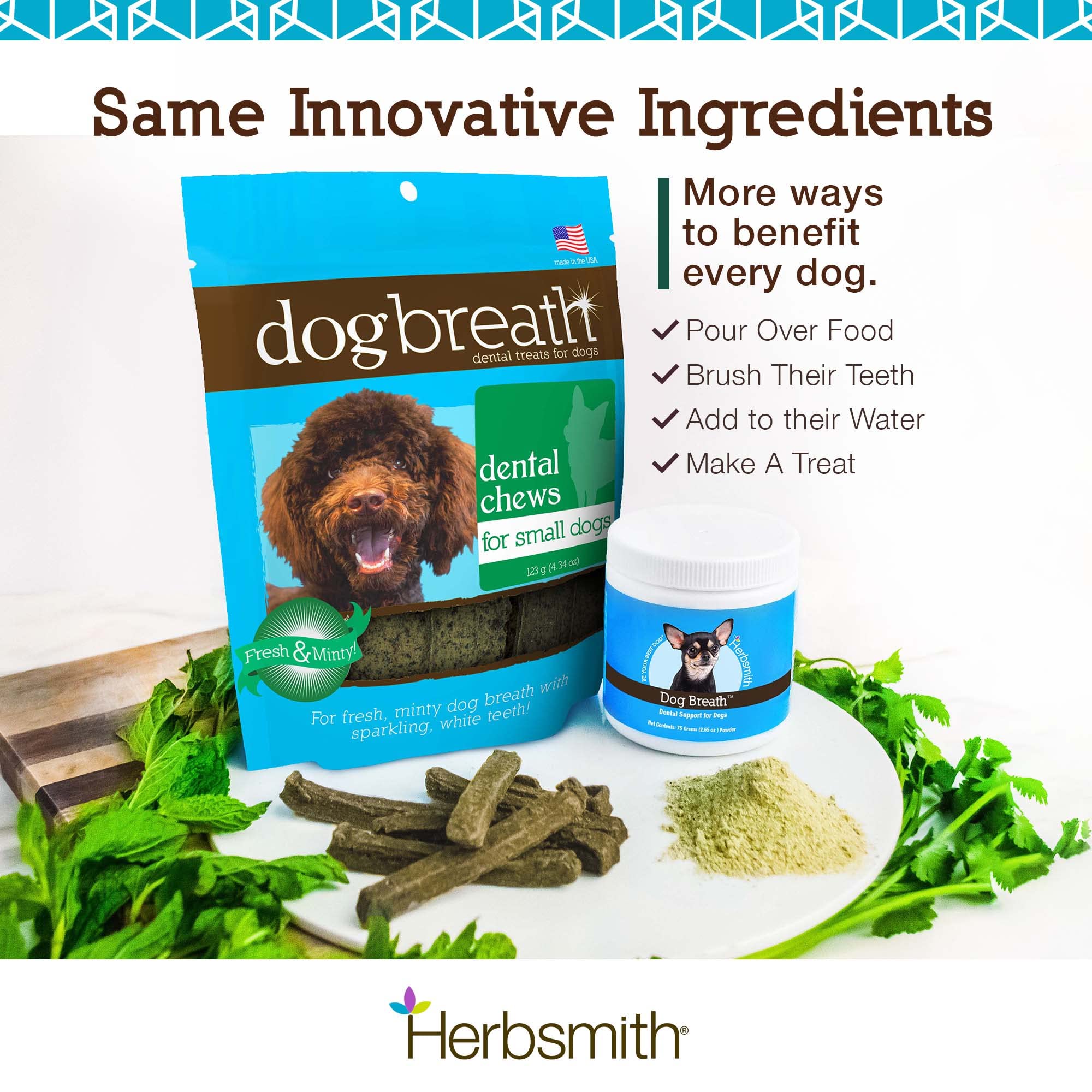 Herbsmith polvo dental, fórmula sin granos para perros sensibles.