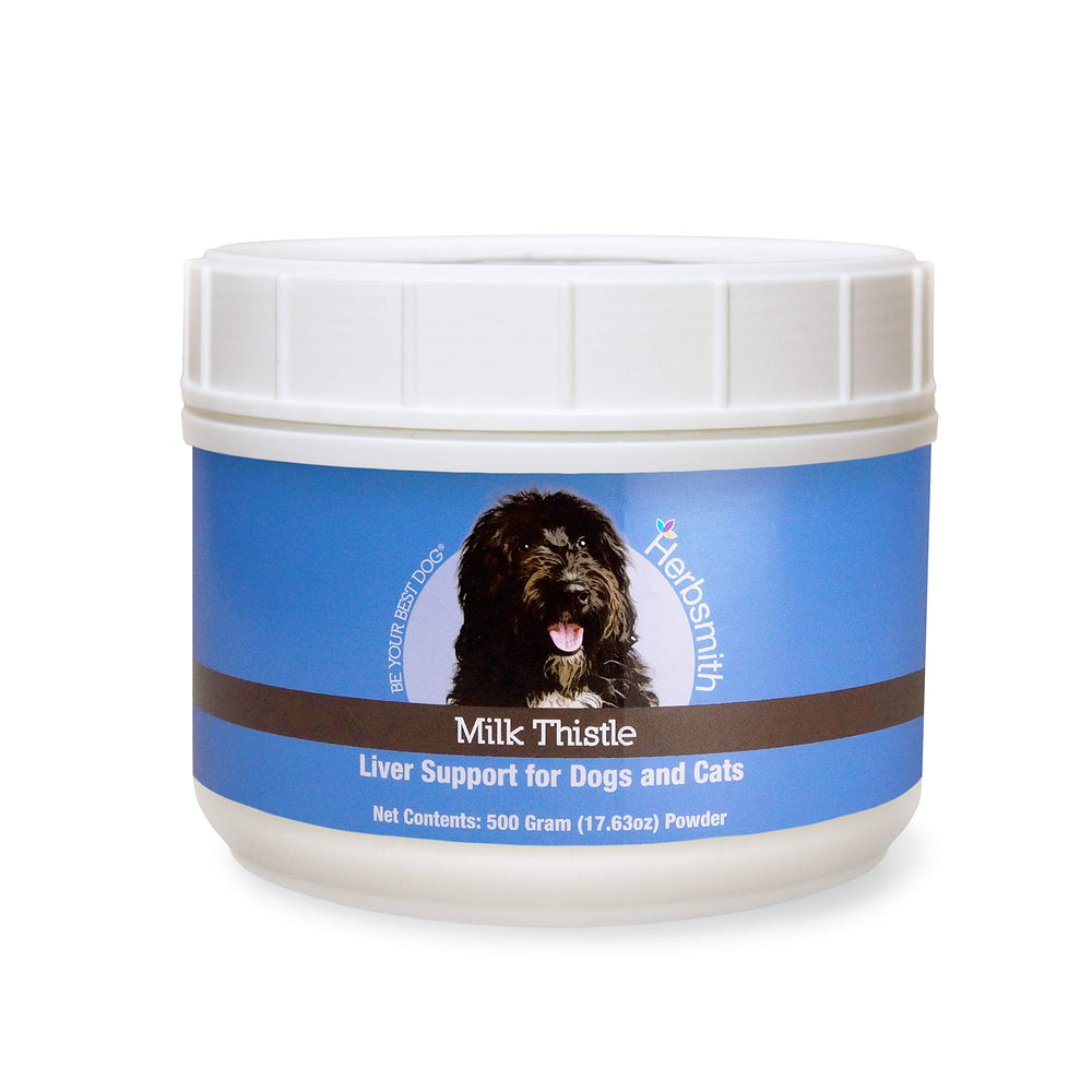 Herbsmith Milk Thistle orgánico en bote de 500 g, apoyo hepático para mascotas.