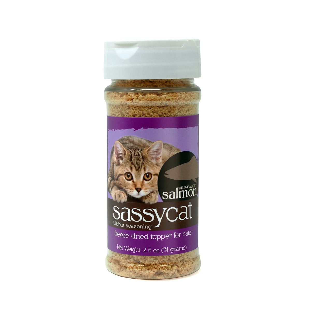 Herbsmith Sassy Cat Sazonador para croquetas con salmón deshidratado, realza el sabor para gatos.