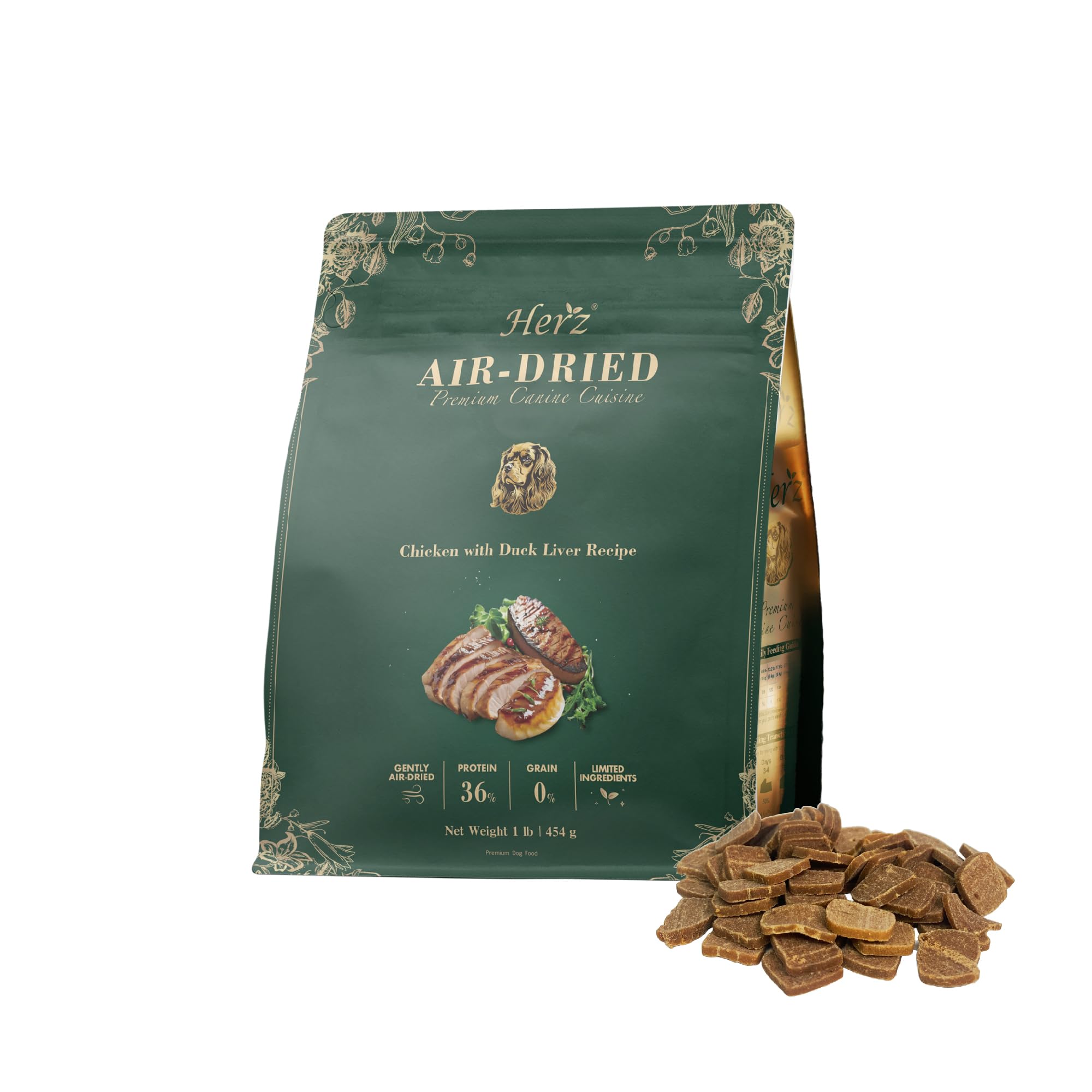 Herz alimento perro aireado pollo y hígado de pato, vista frontal del envase, ideal para perros activos.
