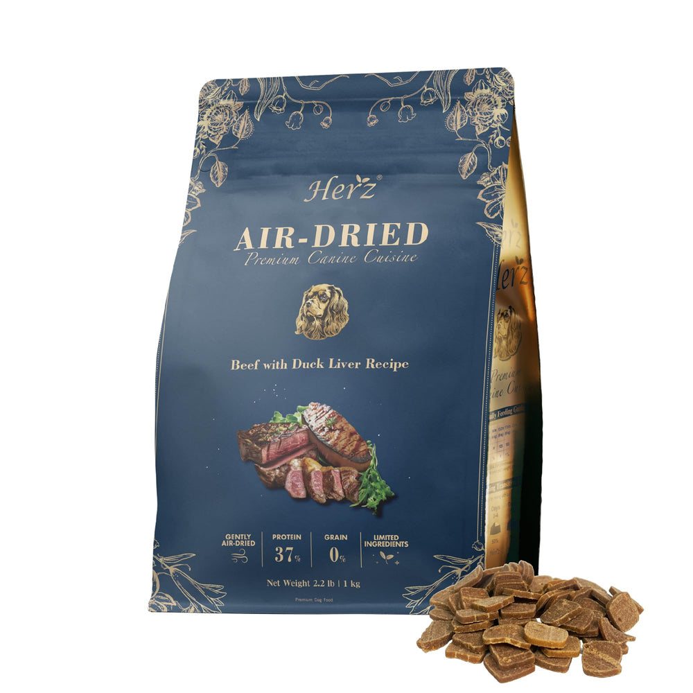 Herz alimento para perro con secado al aire, higado de res y pato, proteína de calidad.