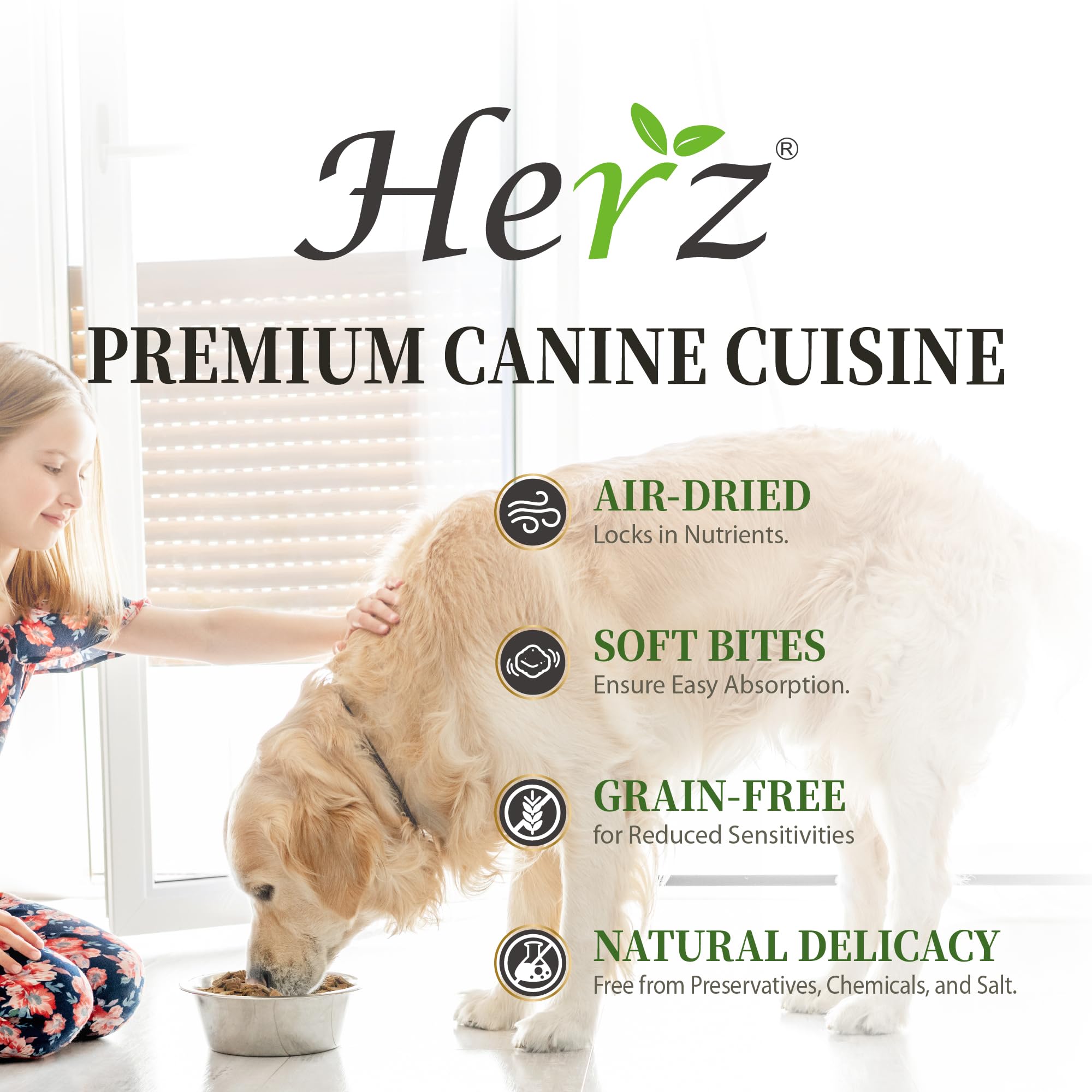 Herz perro-disfruta-alimento-seco: aroma y textura atractivos para comer con placer.