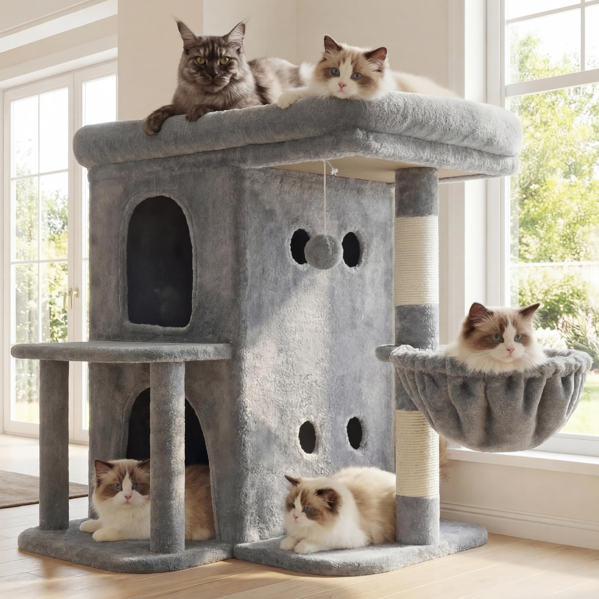 Heybly torre para gatos, percha superior amplia para descanso cómodo y observación.