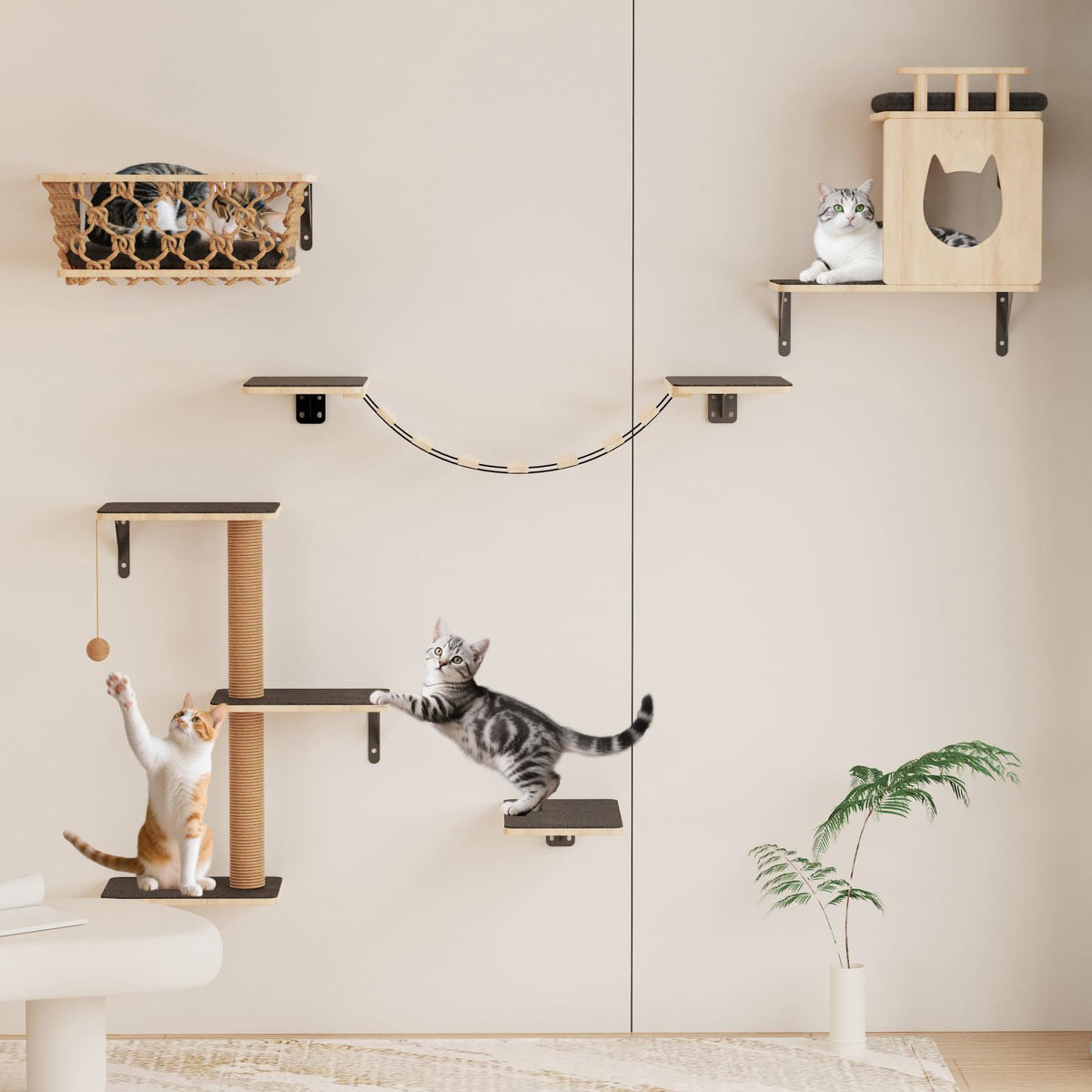 HHOFURN estanterías para gatos con hamaca: refugio cómodo para siestas tranquilas.