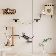 HHOFURN estanterías para gatos con hamaca: refugio cómodo para siestas tranquilas.