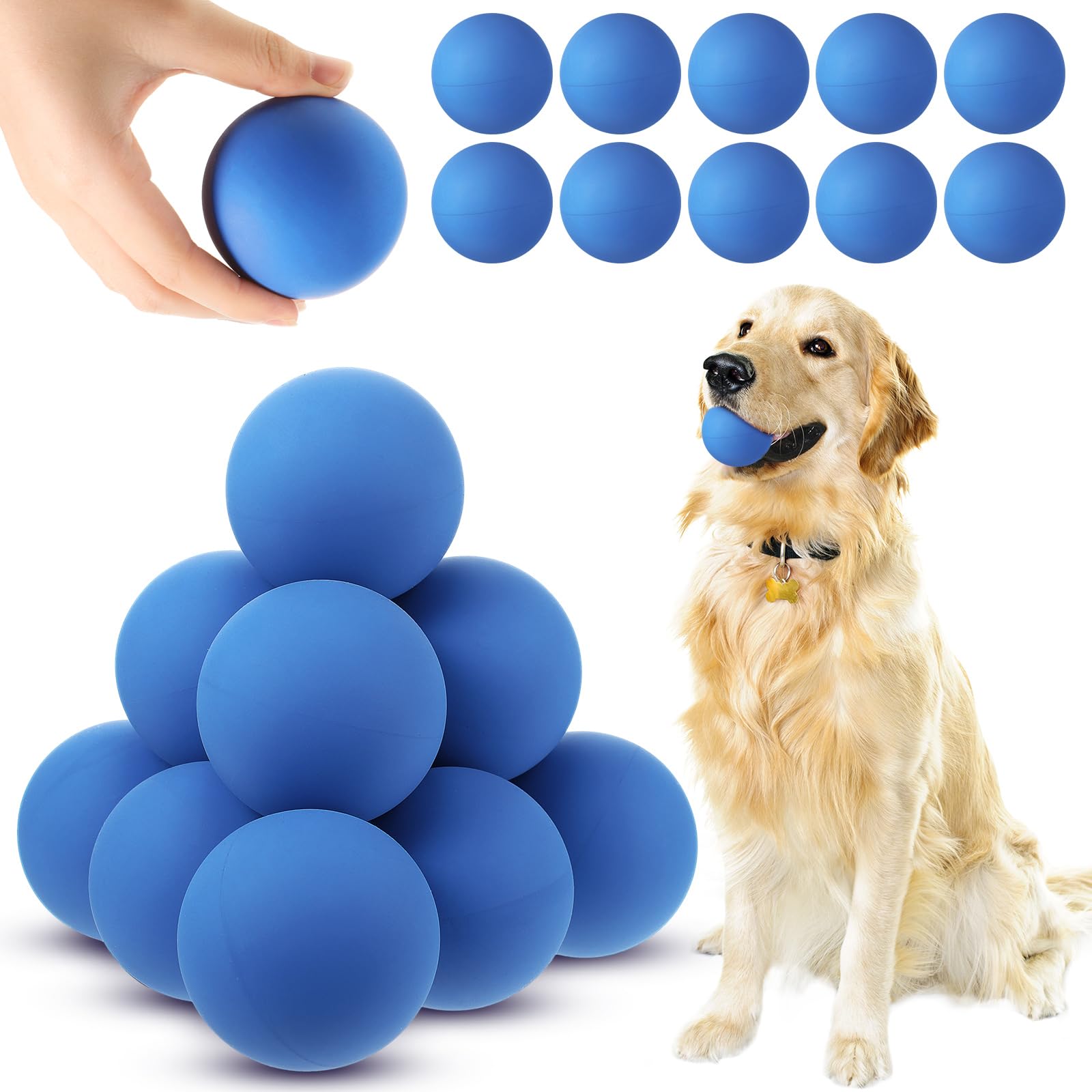 Bola Hiboom para perro: goma azul, tamaño 2-4 pulgadas, ideal para entrenamiento y juego.