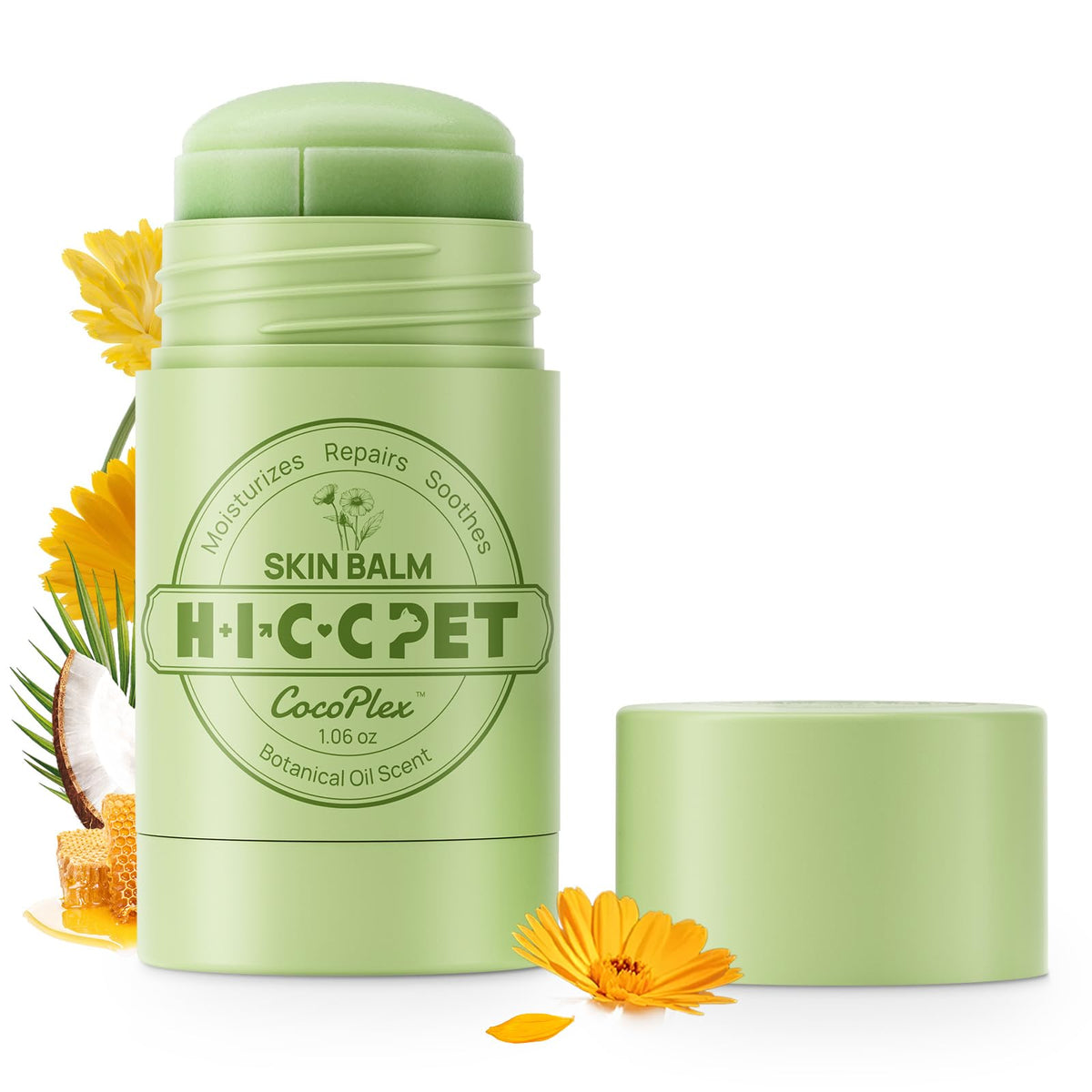 Bálsamo HICC PET para piel de mascotas, botella visible y cuidado suave.