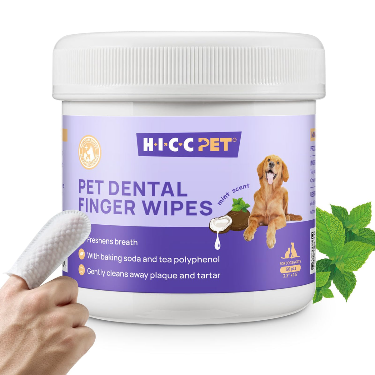 Lingettes dentaires HICC PET pour chiens et chats, nettoient dents et gencives.