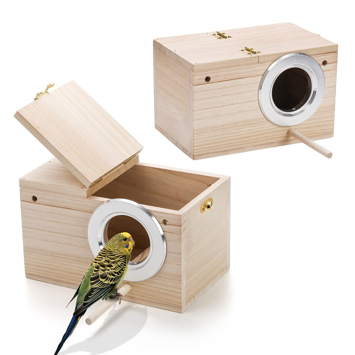 Hiceeden caja nido para periquitos, vista frontal del nido de madera natural.