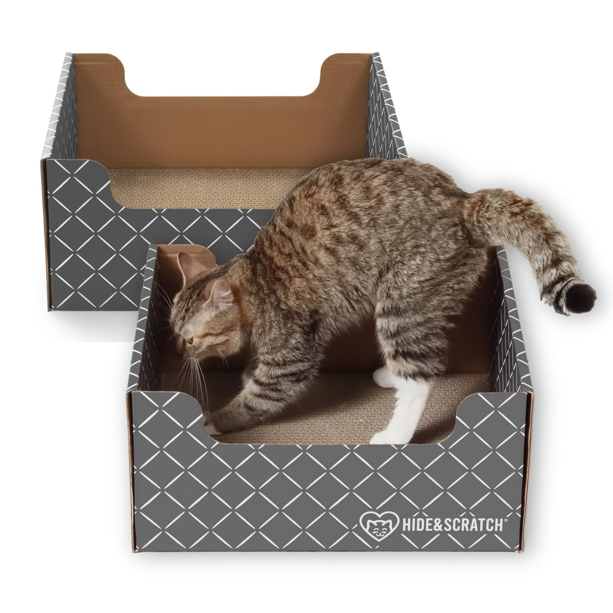 Hide & Scratch caja-gato diamante gris oscuro protege muebles y ofrece juego seguro.