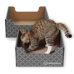 Hide & Scratch caja-gato diamante gris oscuro protege muebles y ofrece juego seguro.