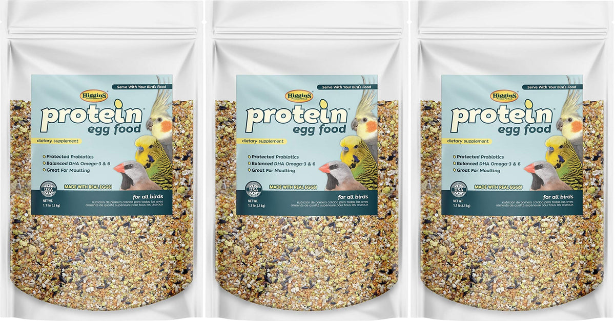 Higgins Alimento Proteico para Aves en envase tres unidades, aporta proteína para el crecimiento.