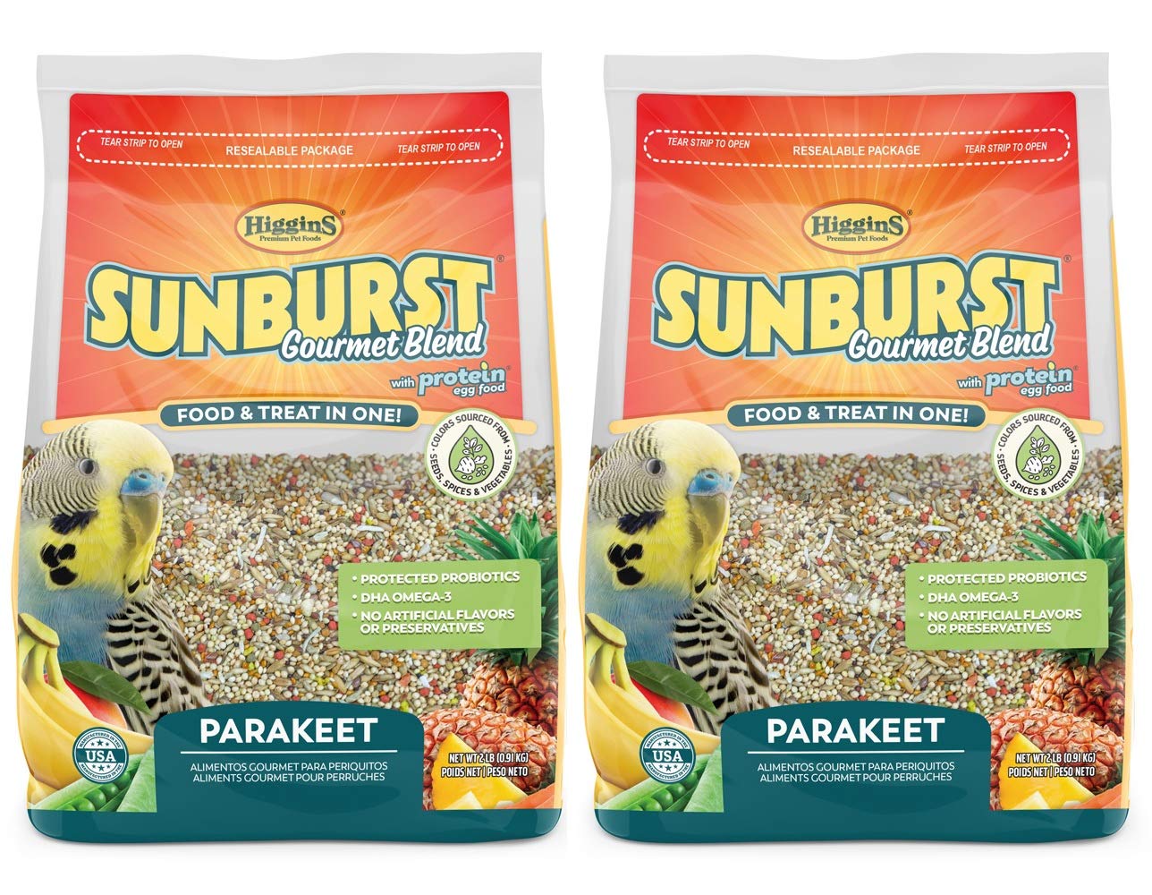 Higgins mezcla Sunburst Gourmet para periquitos, sabrosa y equilibrada para plumaje y vitalidad diaria.