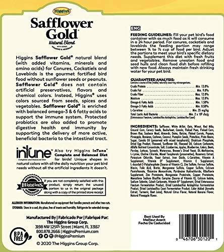 Presentación de Higgins Safflower Gold, tres libras por bolsa para aves pequeñas