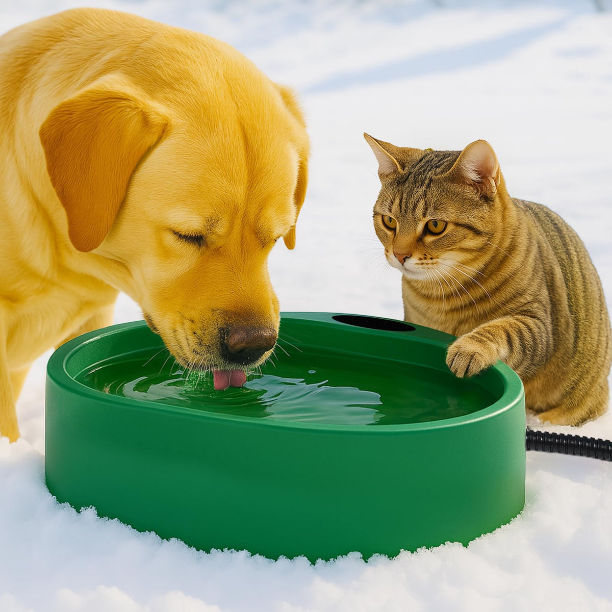 Higoro tazón de agua caliente exterior para mascotas en uso, agua potable constante