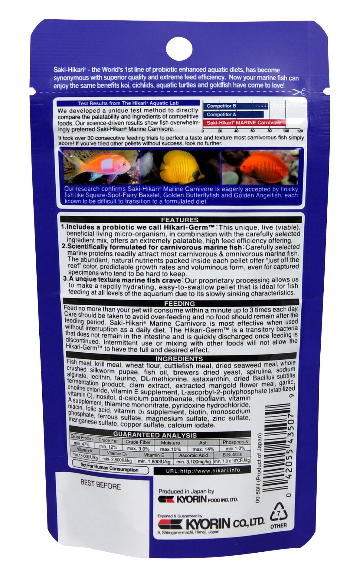 Hikari 042220 textura de pellets marinos para ingesta eficiente.