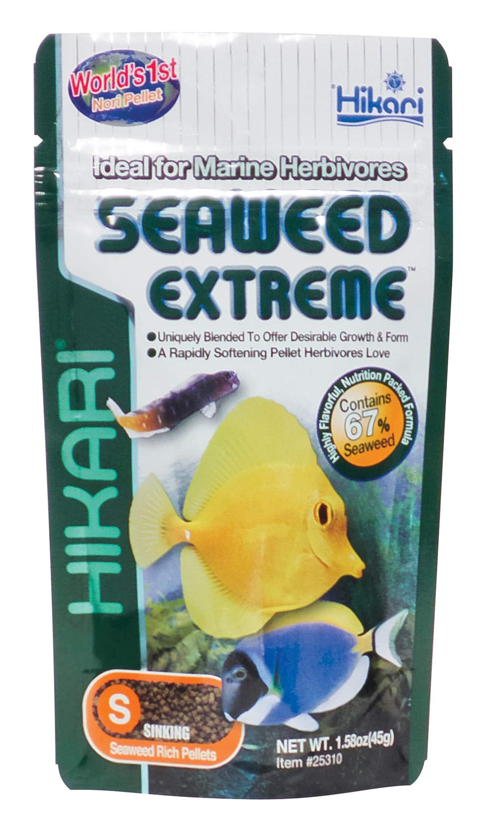 Hikari Algas Extremas, granulado flotante en envase, facilita la alimentación de peces pequeños.