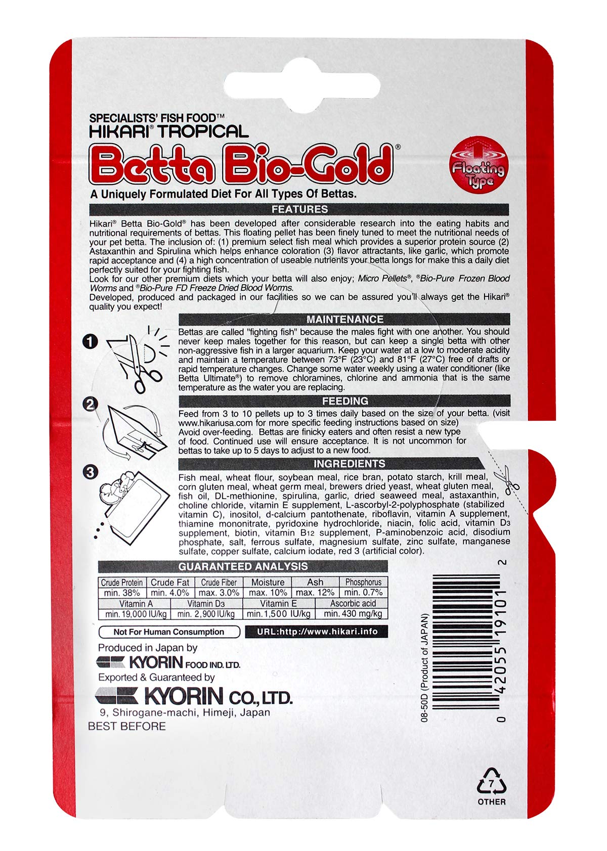 Envase de 20 g de Hikari Betta Bio-Gold listo para usar.