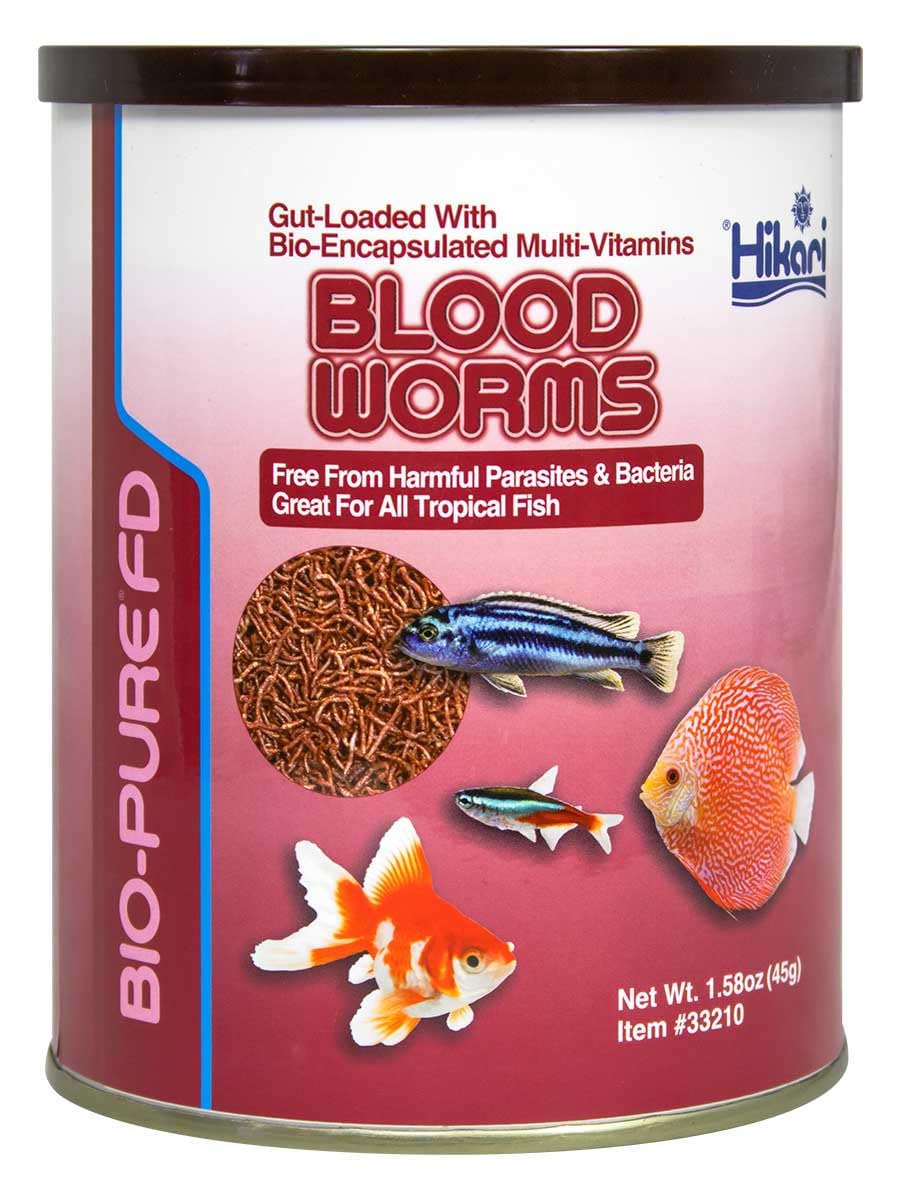 Hikari Bio-Pure gusanos de sangre liofilizados en botella para alimentación estable.