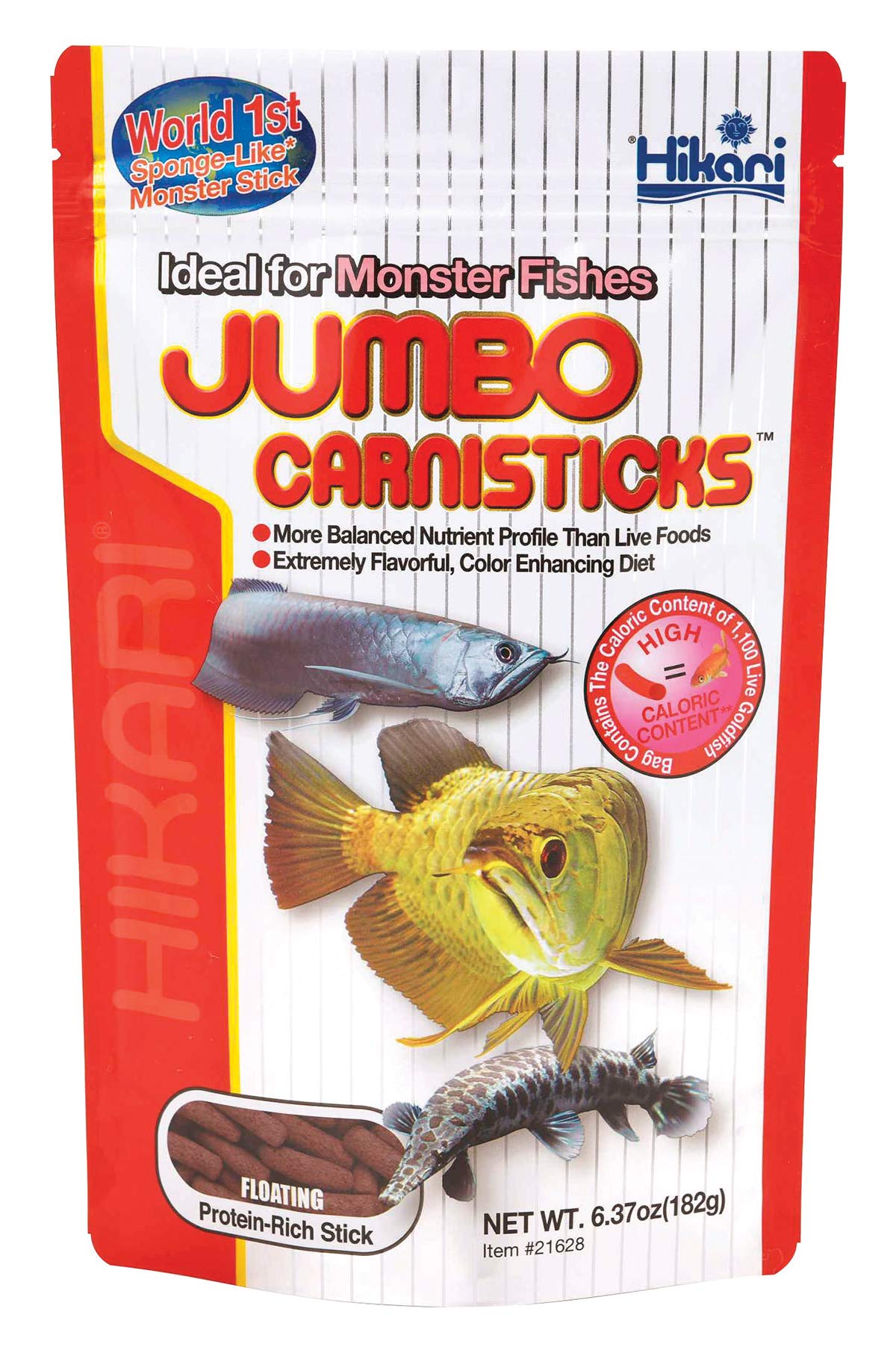 Hikari Carnisticks Jumbo, caja del producto, dieta equilibrada para peces carnívoros.