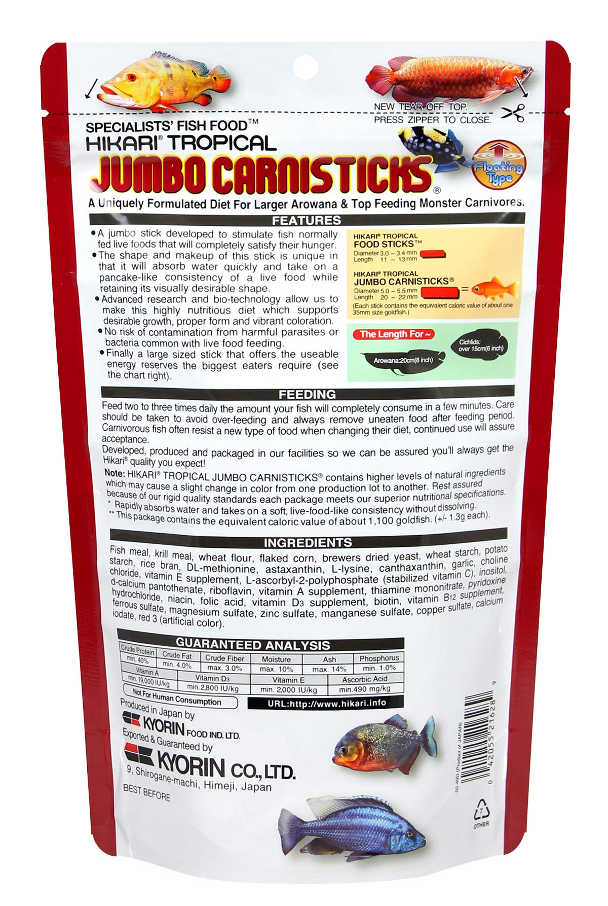 Hikari Carnisticks Jumbo, pellets, textura similar a pez vivo para mayor interés alimentario.