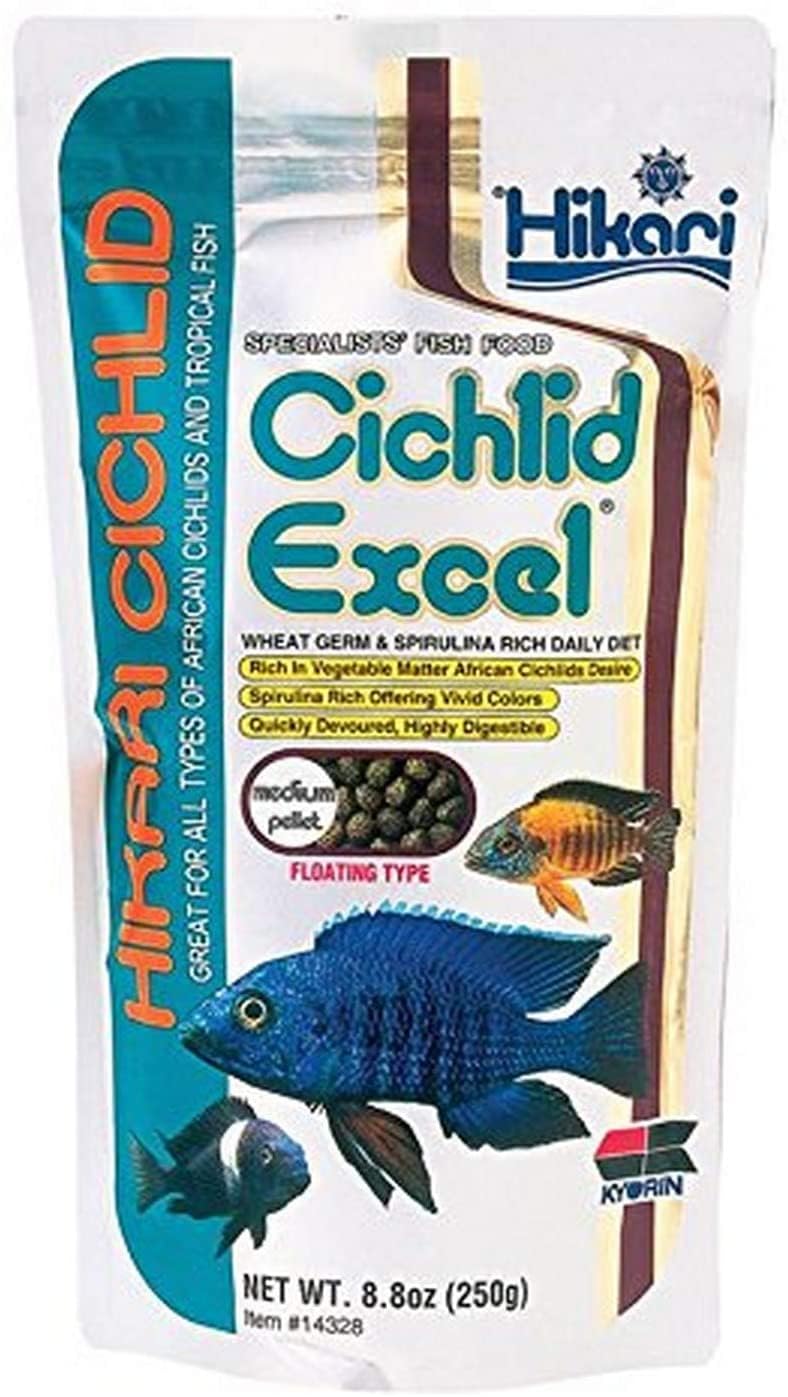 Hikari Cichlid Excel pellets flotantes en vista frontal para monitoreo de ingesta