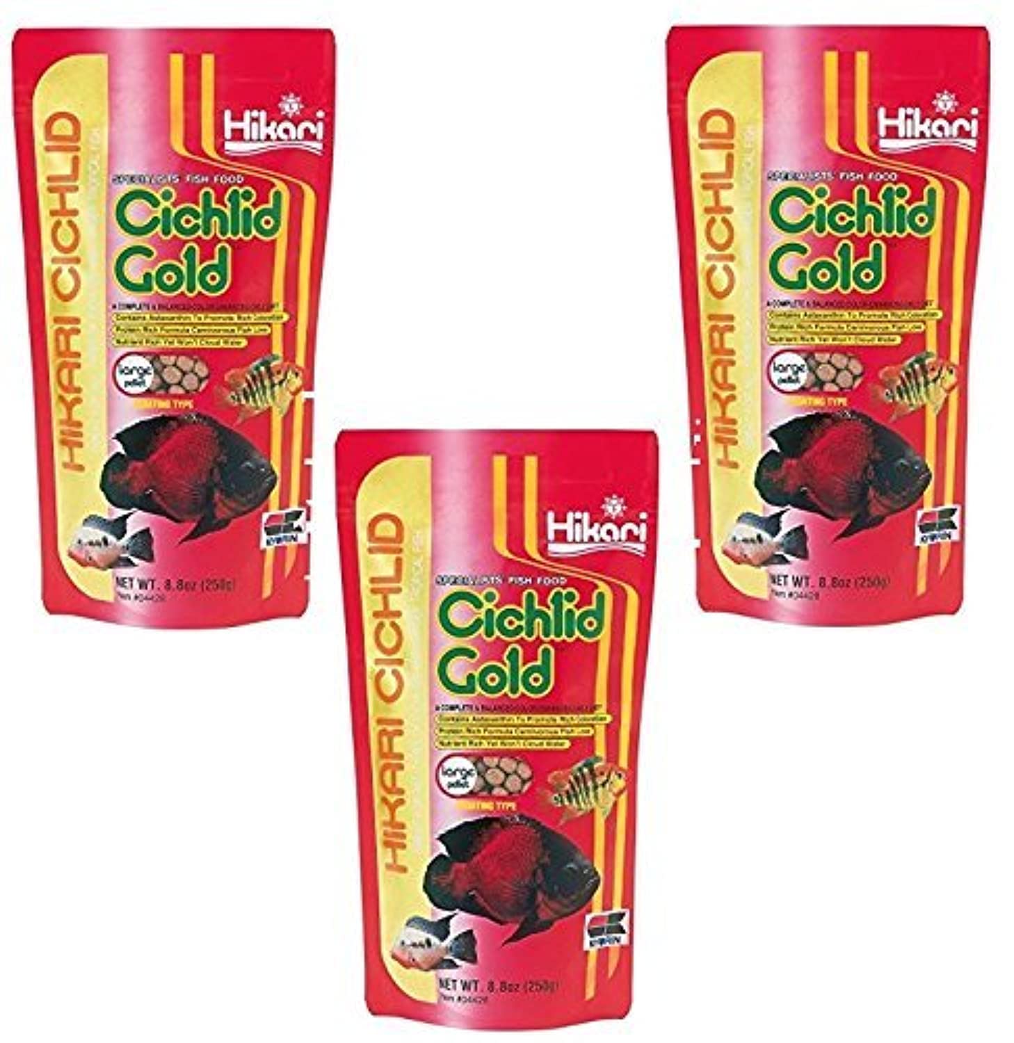 Hikari Cichlid Gold Mini, embalaje de tres paquetes, facilita almacenar y reponer pellets.