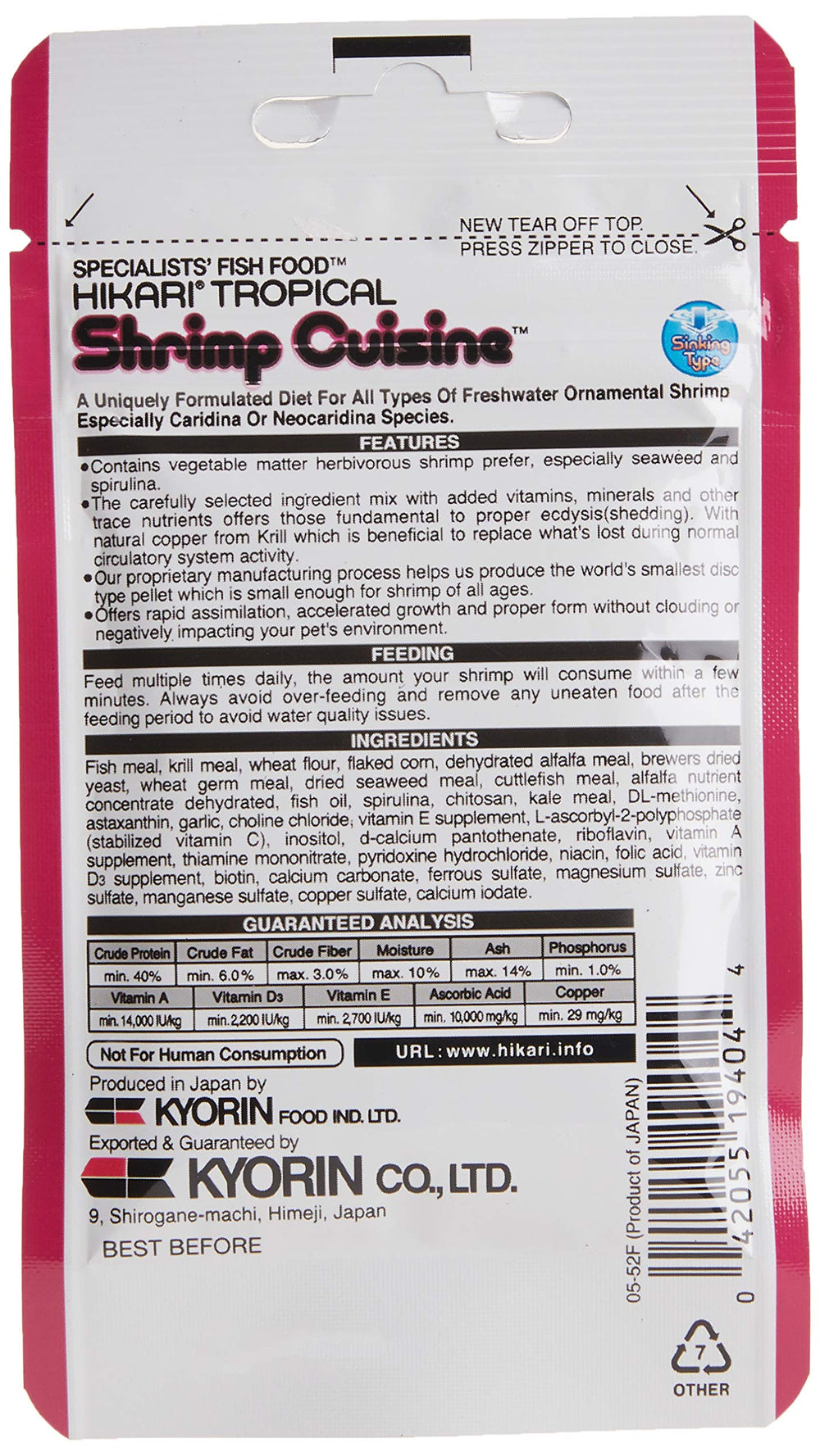 Hikari color natural realzado por spirulina y alfalfa en el alimento para camarones.