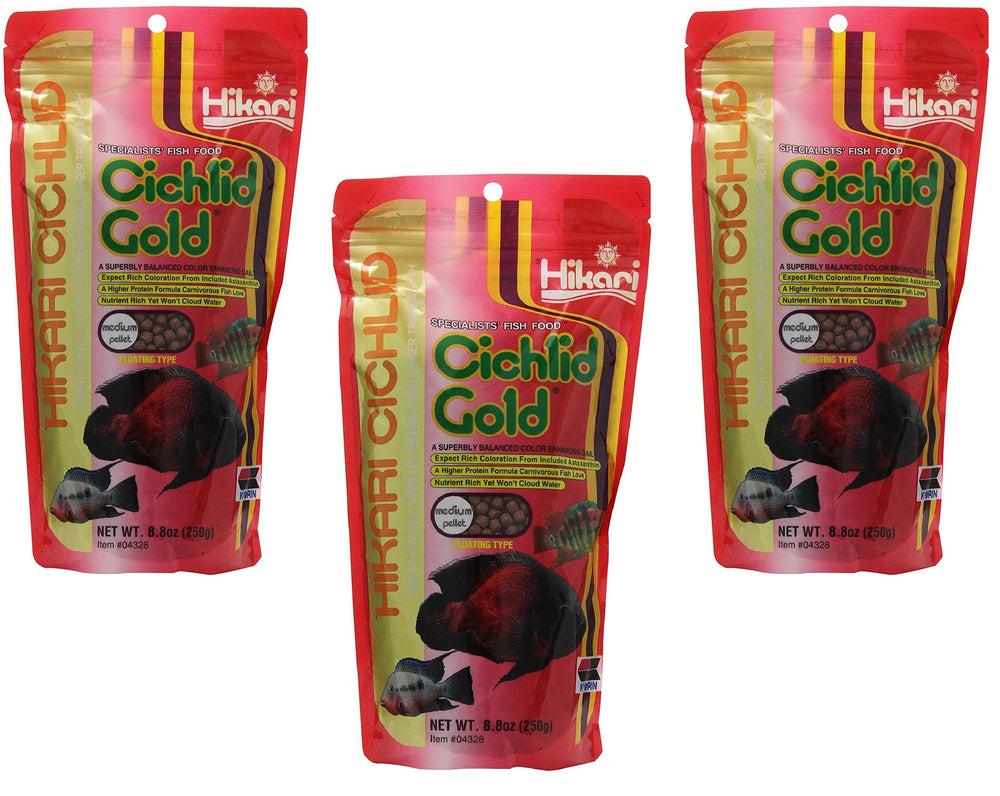 Hikari Cichlid Gold flotantes frente al envase para monitoreo de ingesta