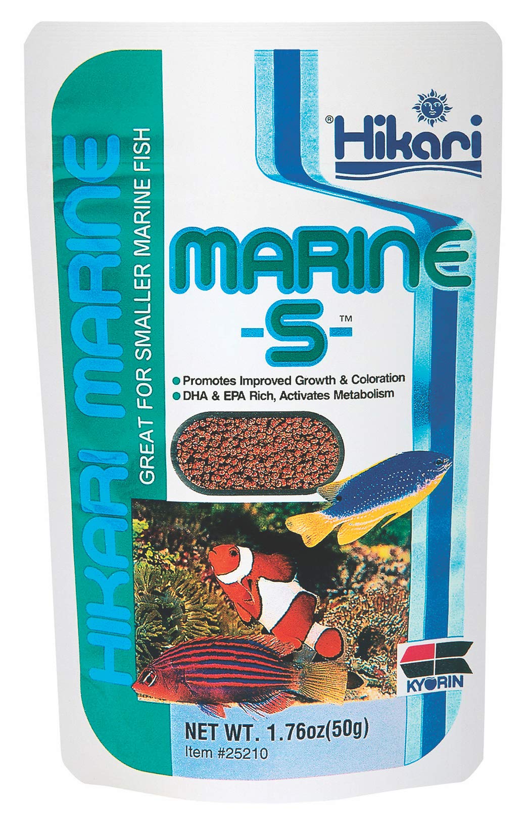 Hikari Marine-S primer plano de pellets para ingesta en peces marinos pequeños.