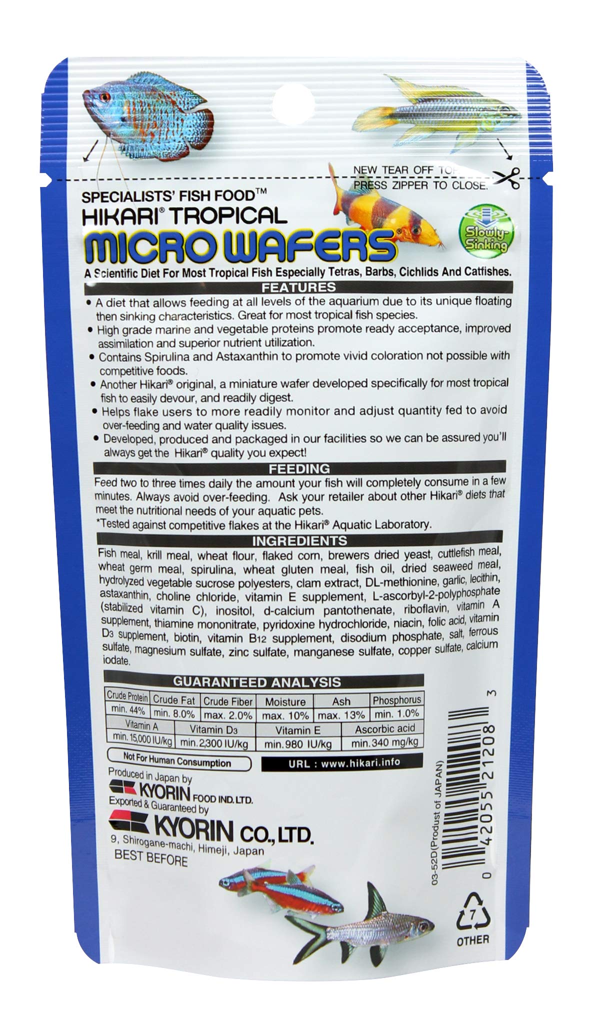 Hikari Micro Wafers: ingredientes con spirulina y astaxantina para colores vivos.