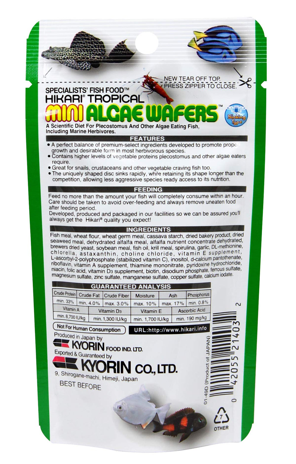 Hikari Mini Algae Wafers primer plano de obleas, alimento diario para acuarios.