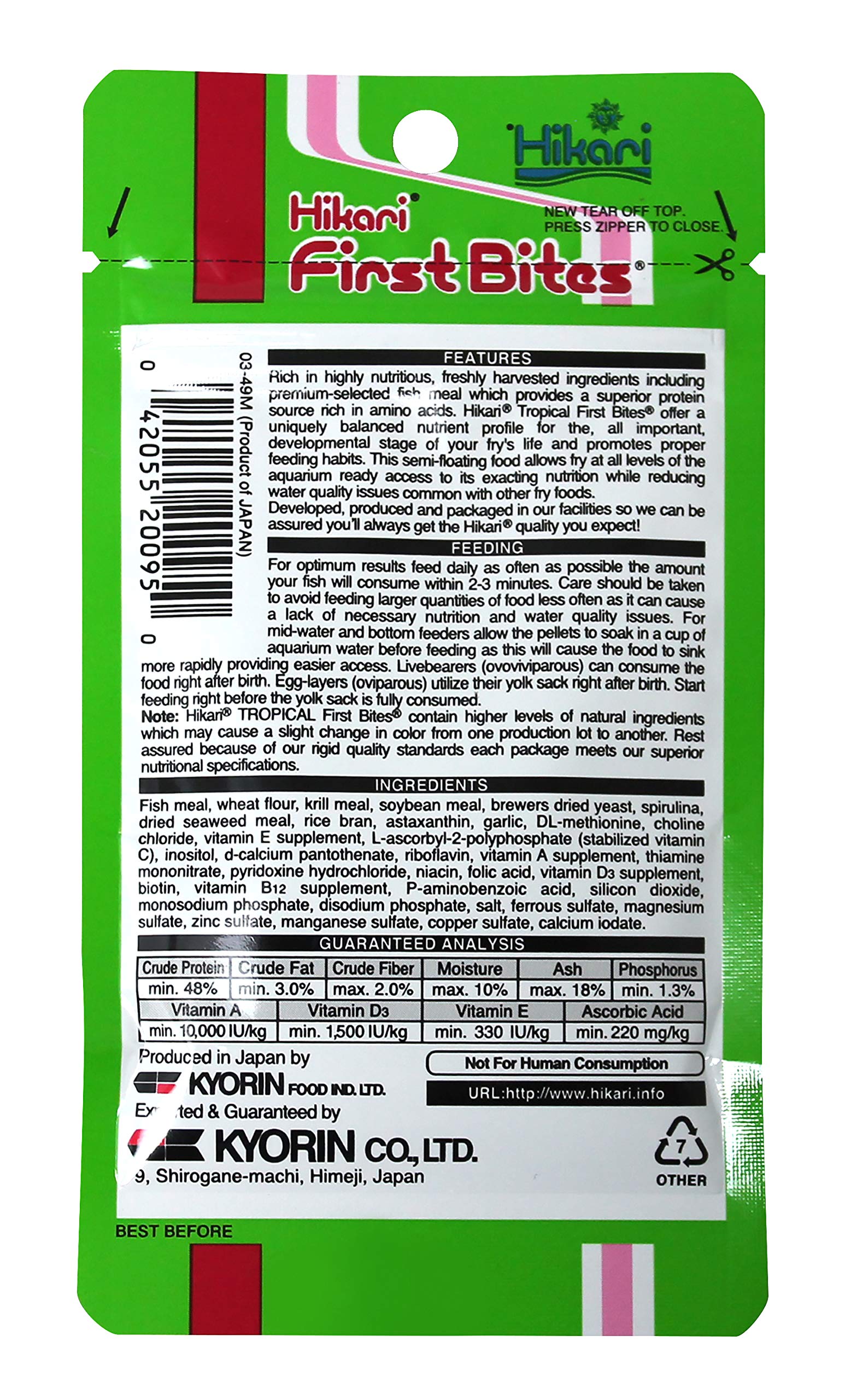 Envase de 10 g de Hikari Tropical First Bites para alimentar alevines.